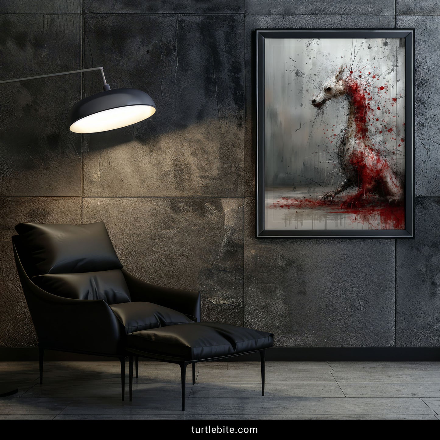 Dark abstract dragon print with violent red accents, bizarre creature art for gothic decor