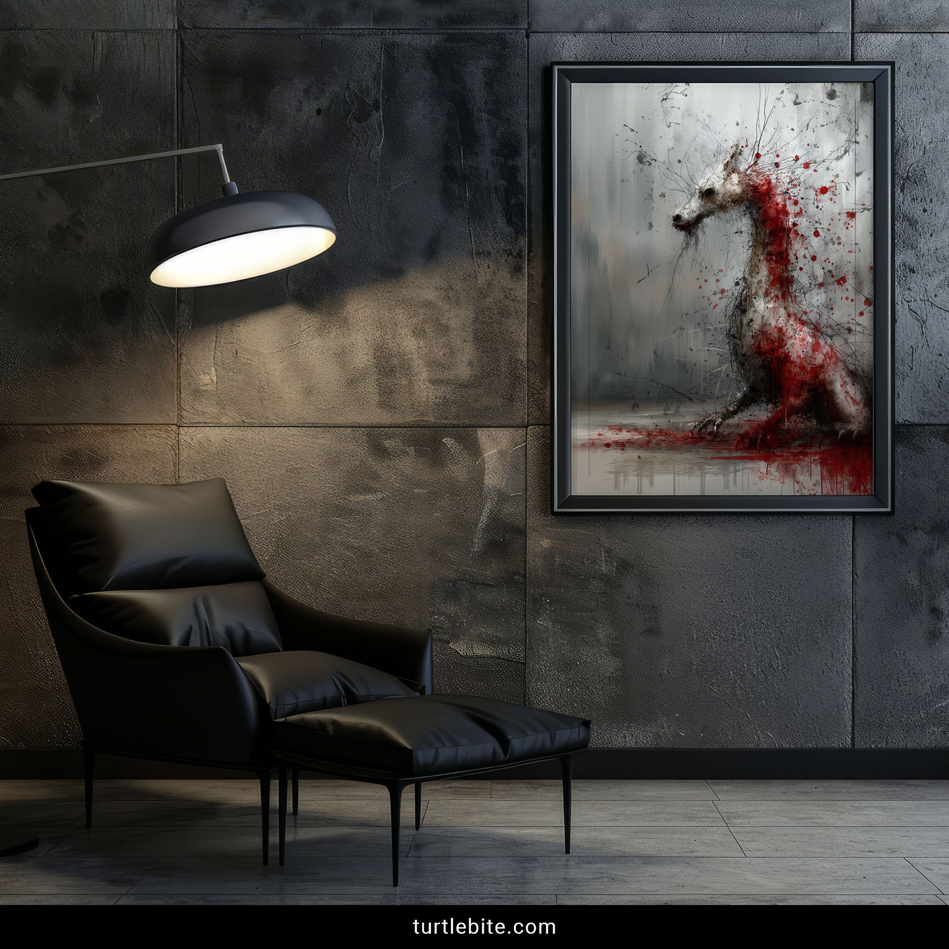 Dark abstract dragon print with violent red accents, bizarre creature art for gothic decor