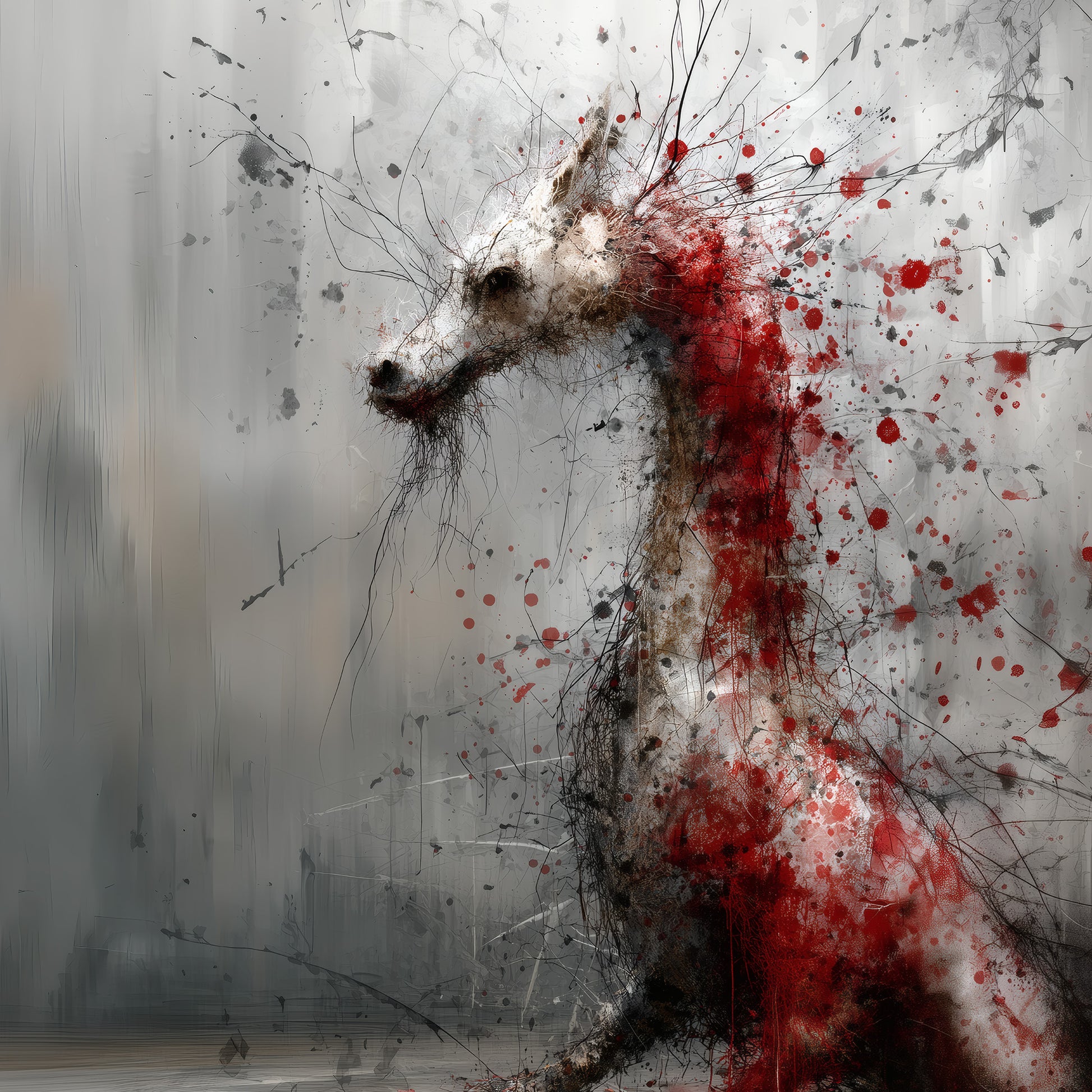 Abstract dragon art with red blood splatter on white background, gothic horror wall decor poster