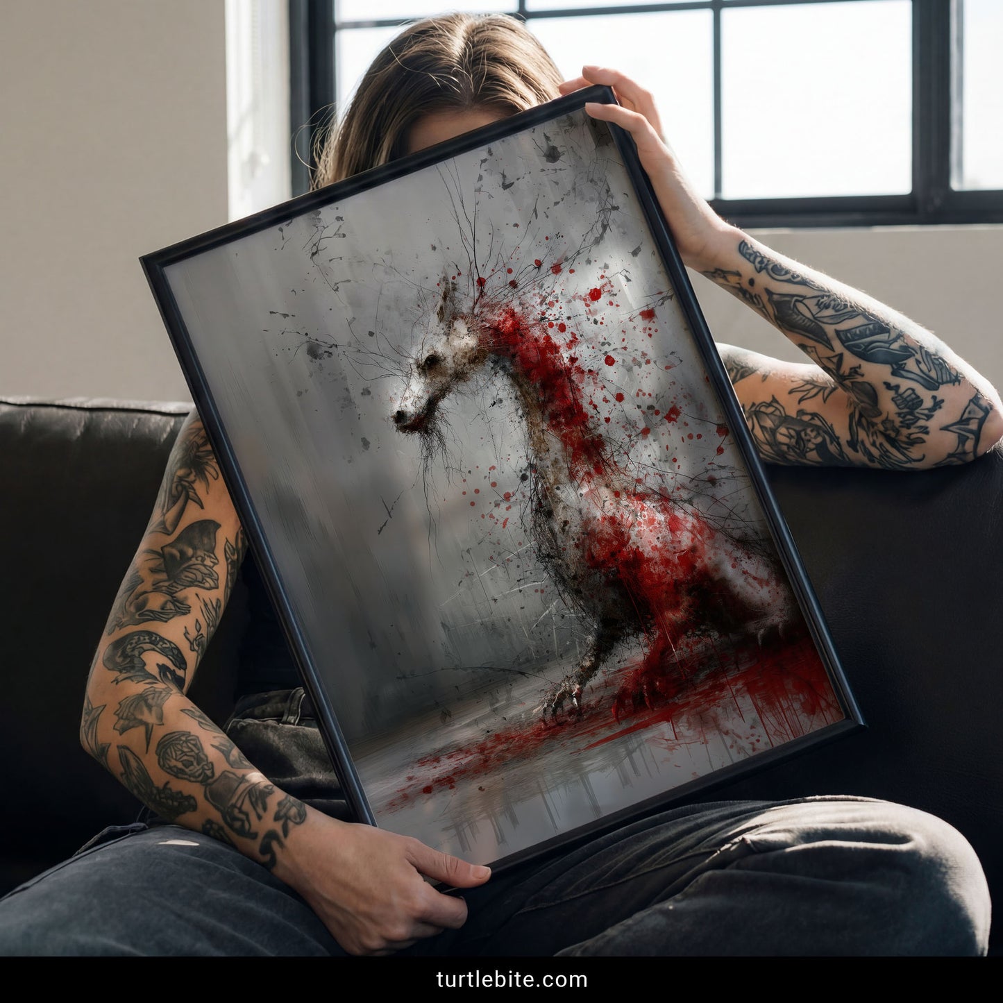 Horror fantasy dragon art featuring blood splatter watercolor technique, moody wall poster