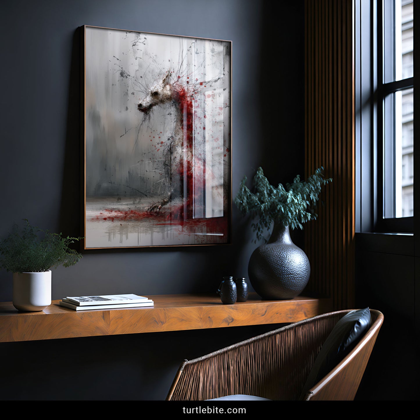 Surreal dragon creature dissolving into crimson ink splashes, dark fantasy macabre art print