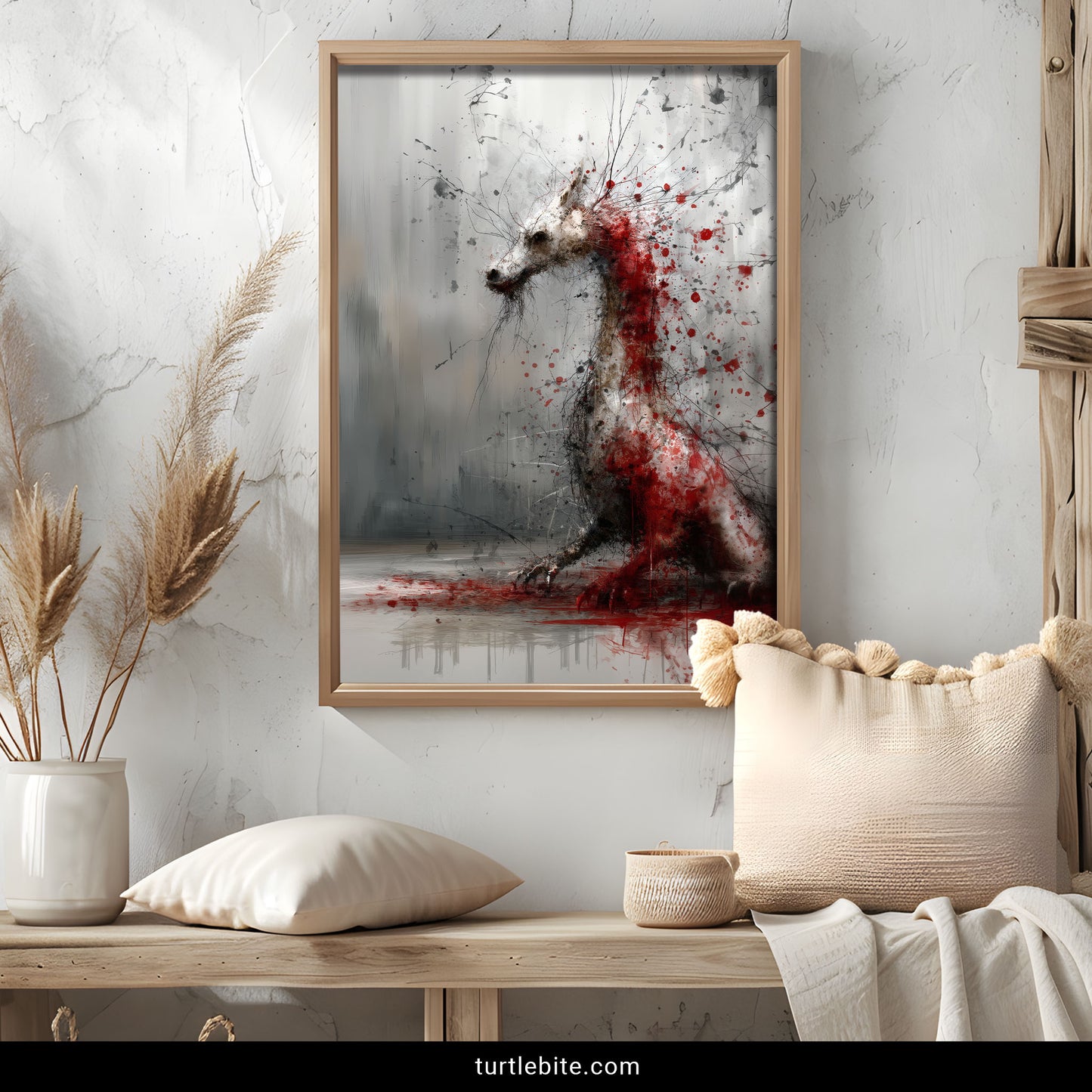 Monochrome dragon with dramatic red paint explosion, gothic home wall art