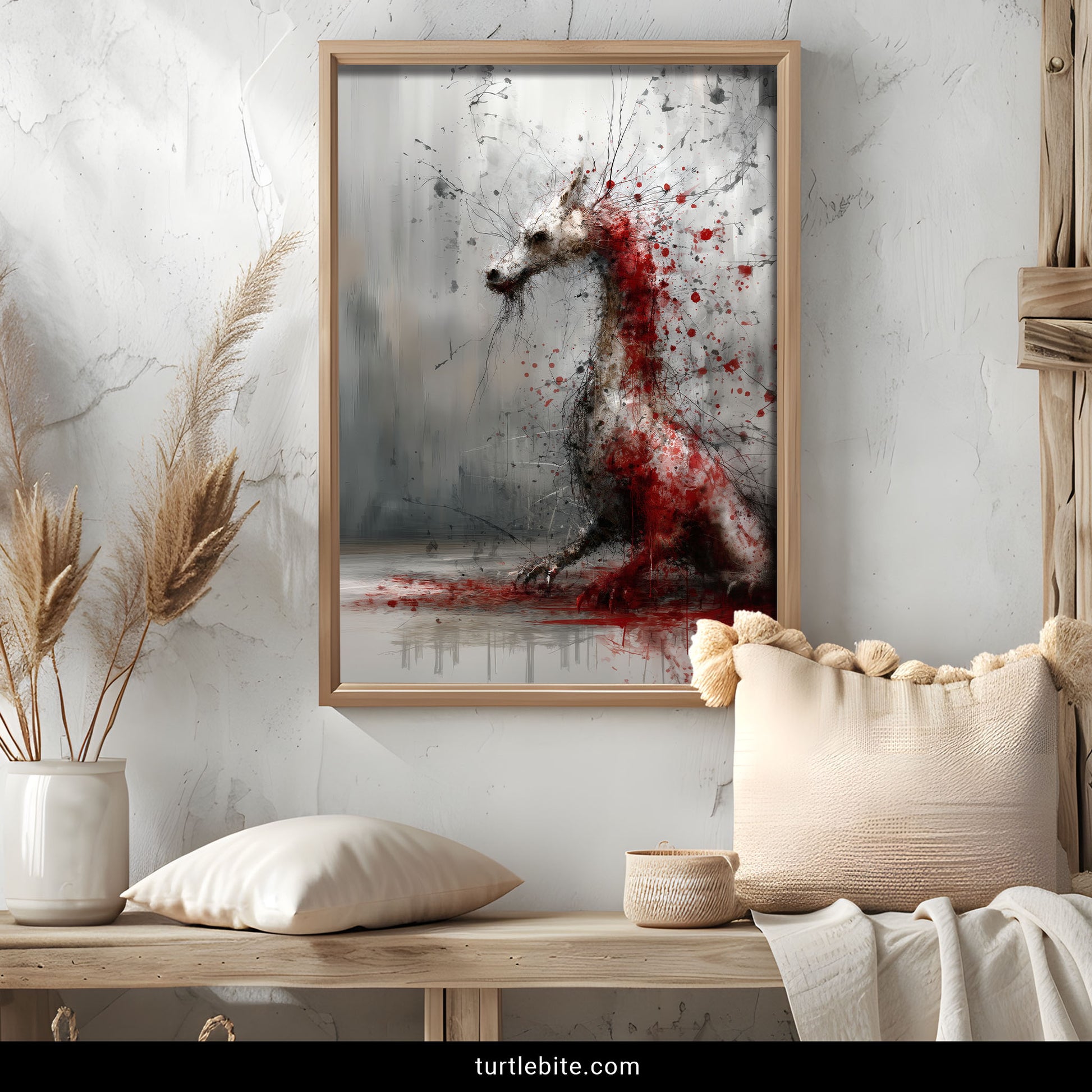Monochrome dragon with dramatic red paint explosion, gothic home wall art