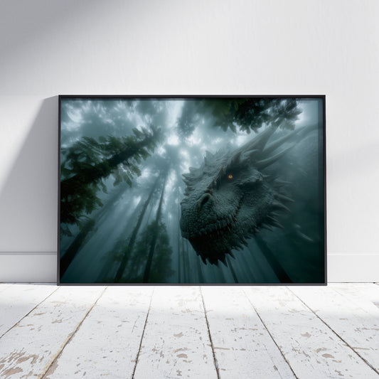 Dark fantasy dragon emerging from misty forest with glowing amber eye gothic wall art