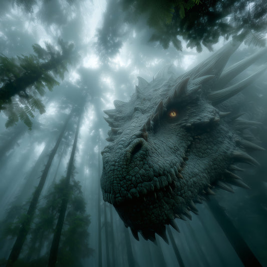 Dark fantasy dragon emerging from misty forest with glowing amber eye gothic wall art