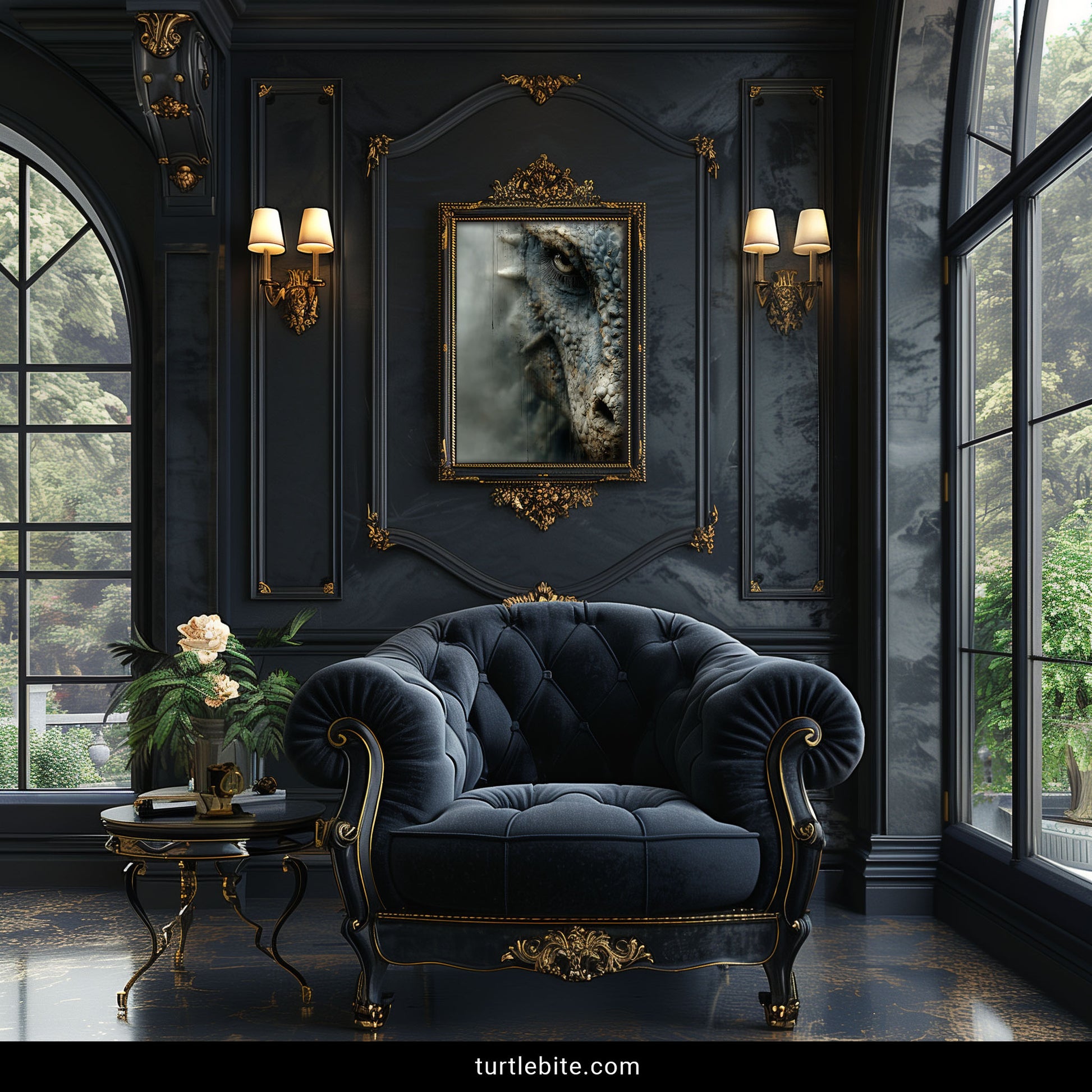 Surreal dragon eye art print with detailed blue scales and amber highlights - mythological wall decor