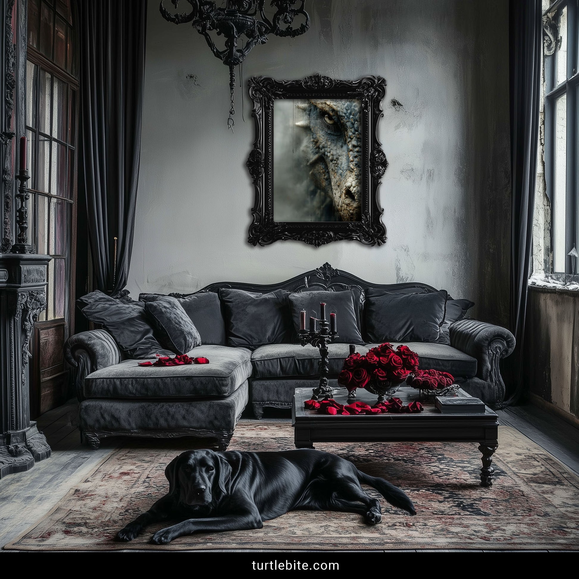 Dark fantasy dragon face print featuring photorealistic scales and haunting eye - moody baroque art