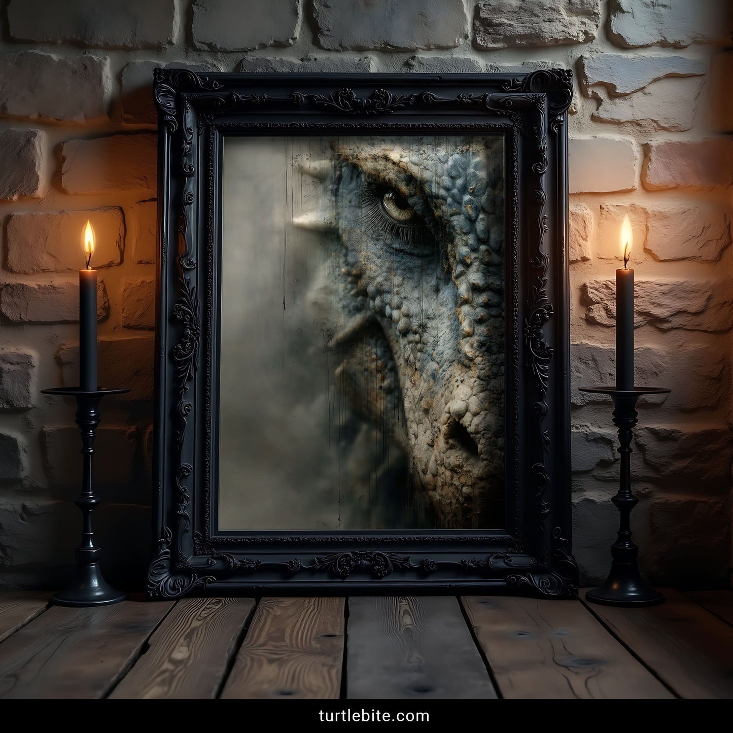 Fantasy creature portrait with textured dragon skin and golden accents - surreal mythical being wall art
