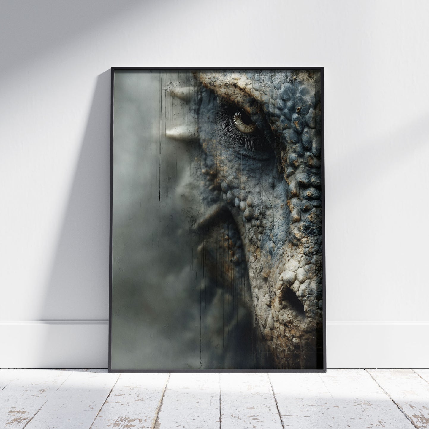 Dragon art print showing detailed reptilian scales and piercing eye in blue-grey tones for gothic wall decor