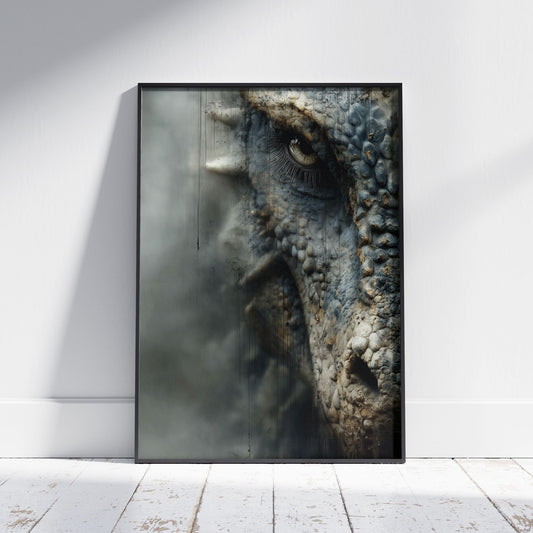 Dragon art print showing detailed reptilian scales and piercing eye in blue-grey tones for gothic wall decor