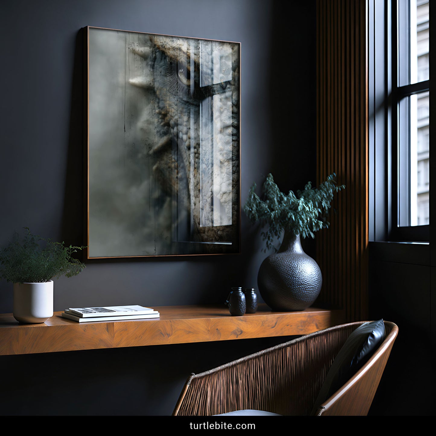 Fantasy creature portrait with textured dragon skin and golden accents - surreal mythical being wall art