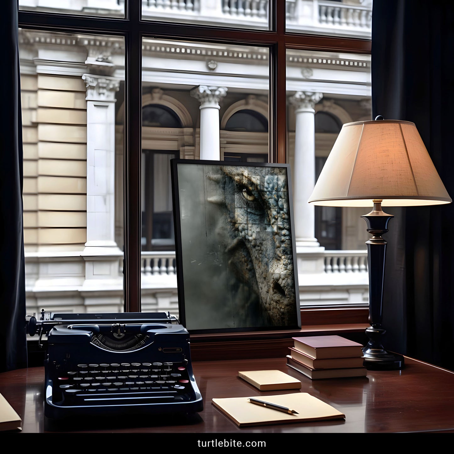 Dark fantasy dragon face print featuring photorealistic scales and haunting eye - moody baroque art