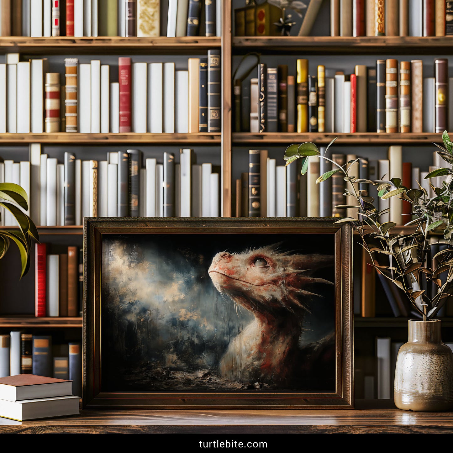 Macabre mythical creature artwork in baroque painting style against desolate shadowy destruction