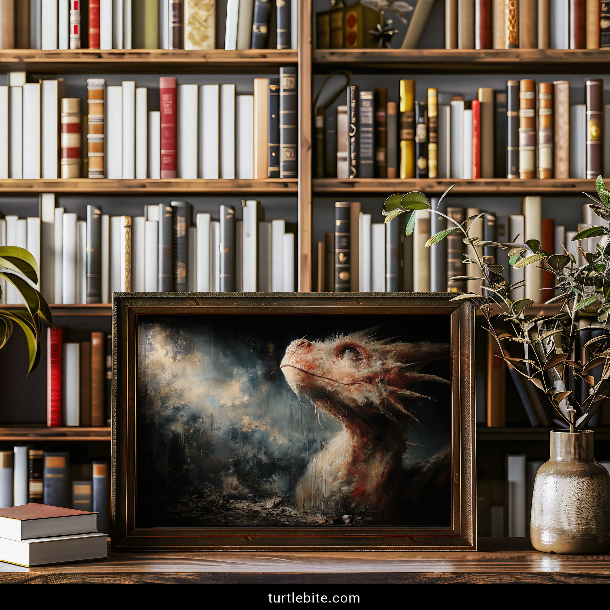 Macabre mythical creature artwork in baroque painting style against desolate shadowy destruction