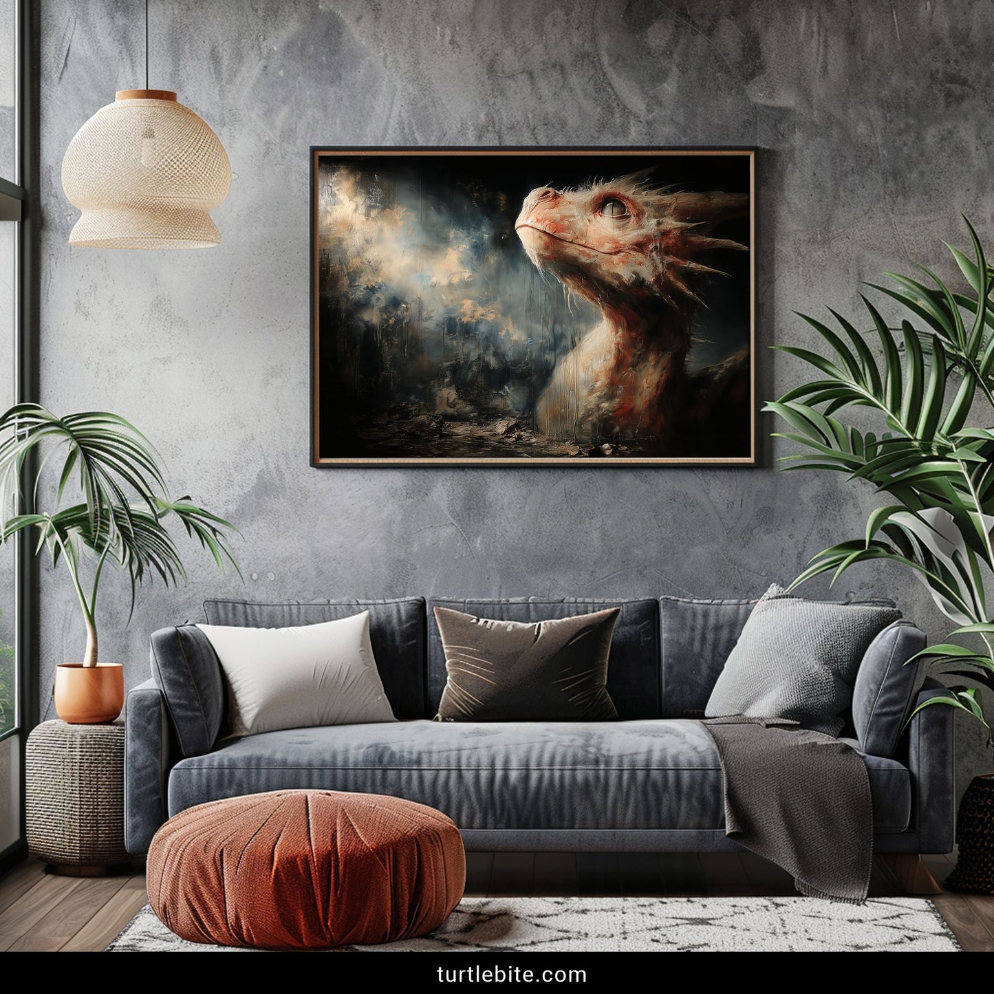 Dark fantasy dragon poster with haunting peachy tones and dystopian wasteland background