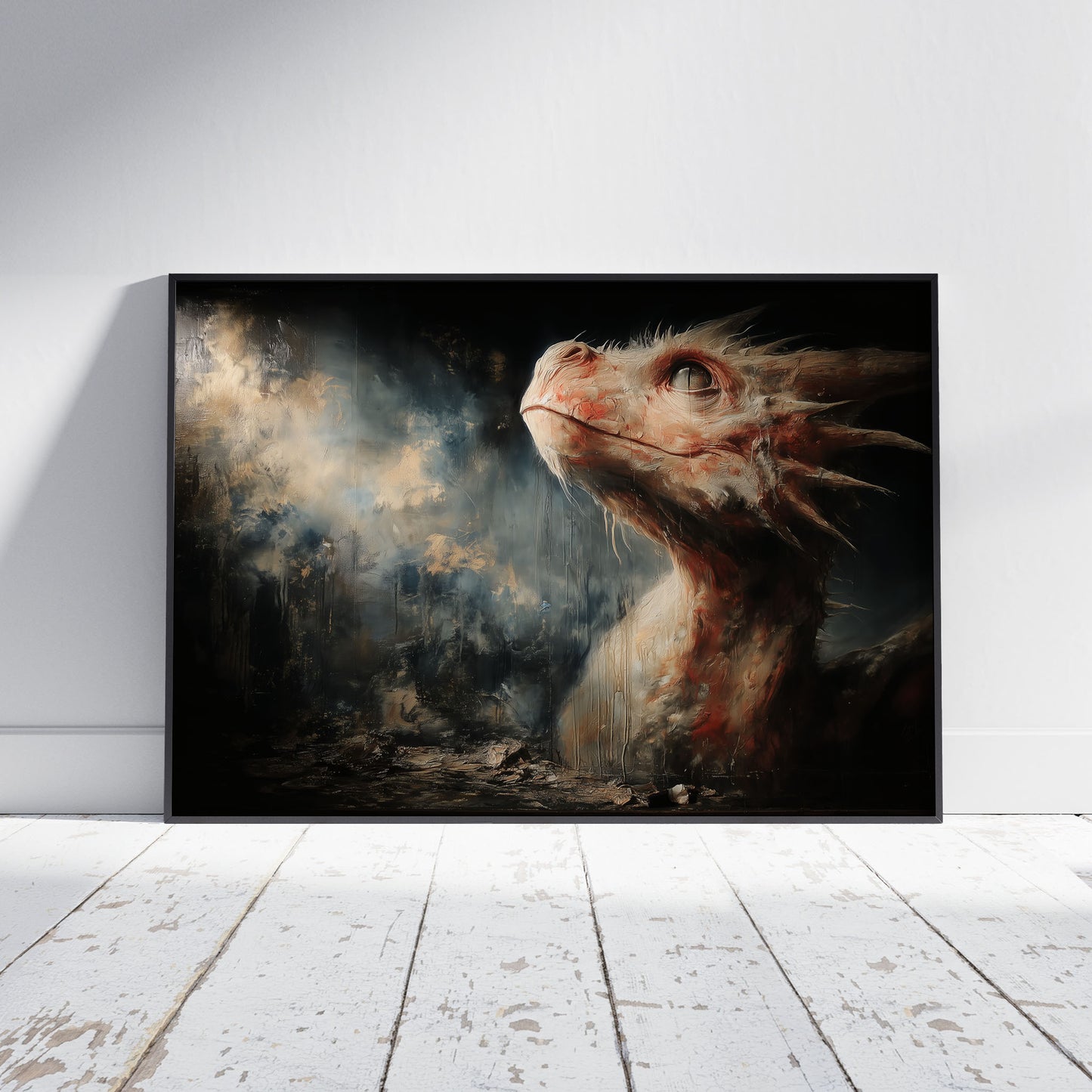 Peach-scaled dragon creature emerging from dark apocalyptic landscape with baroque painterly style