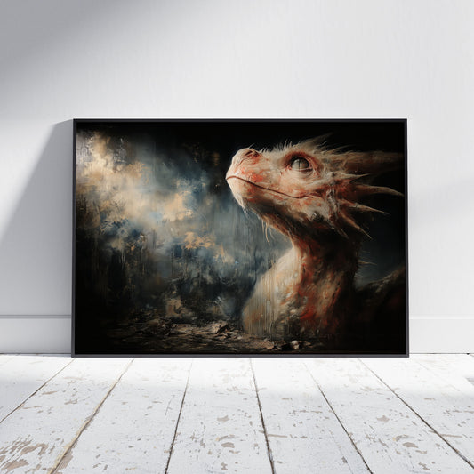 Peach-scaled dragon creature emerging from dark apocalyptic landscape with baroque painterly style