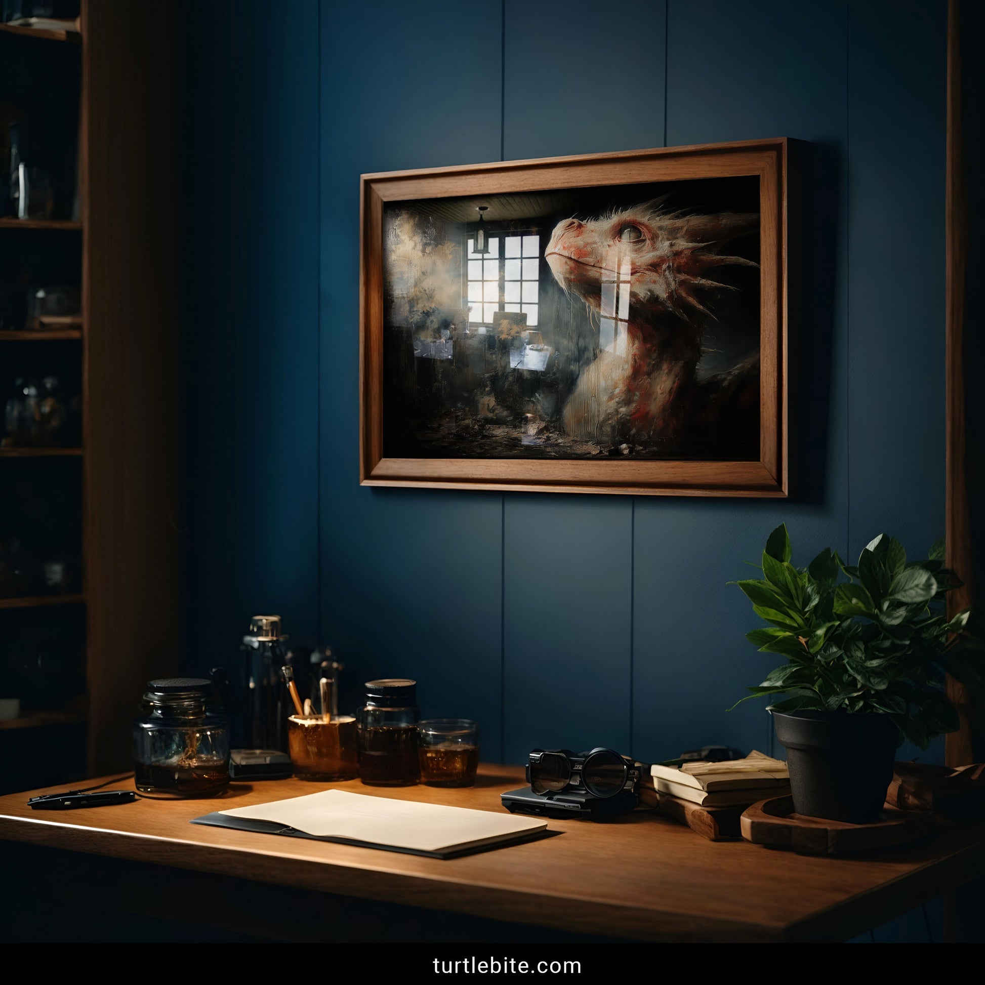 Dark fantasy dragon poster with haunting peachy tones and dystopian wasteland background