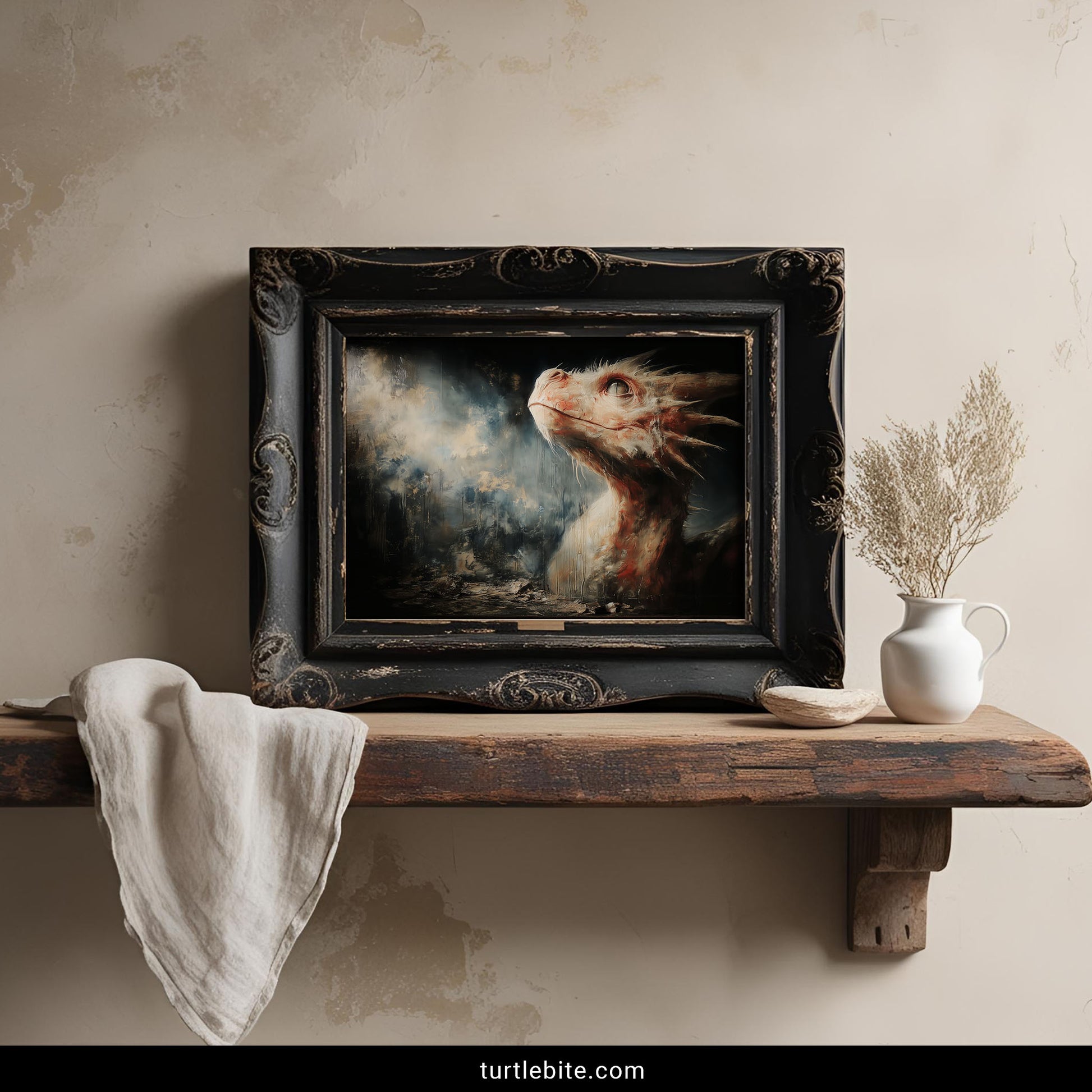 Gothic fantasy art featuring serpent beast in moody atmospheric setting with burning ruins