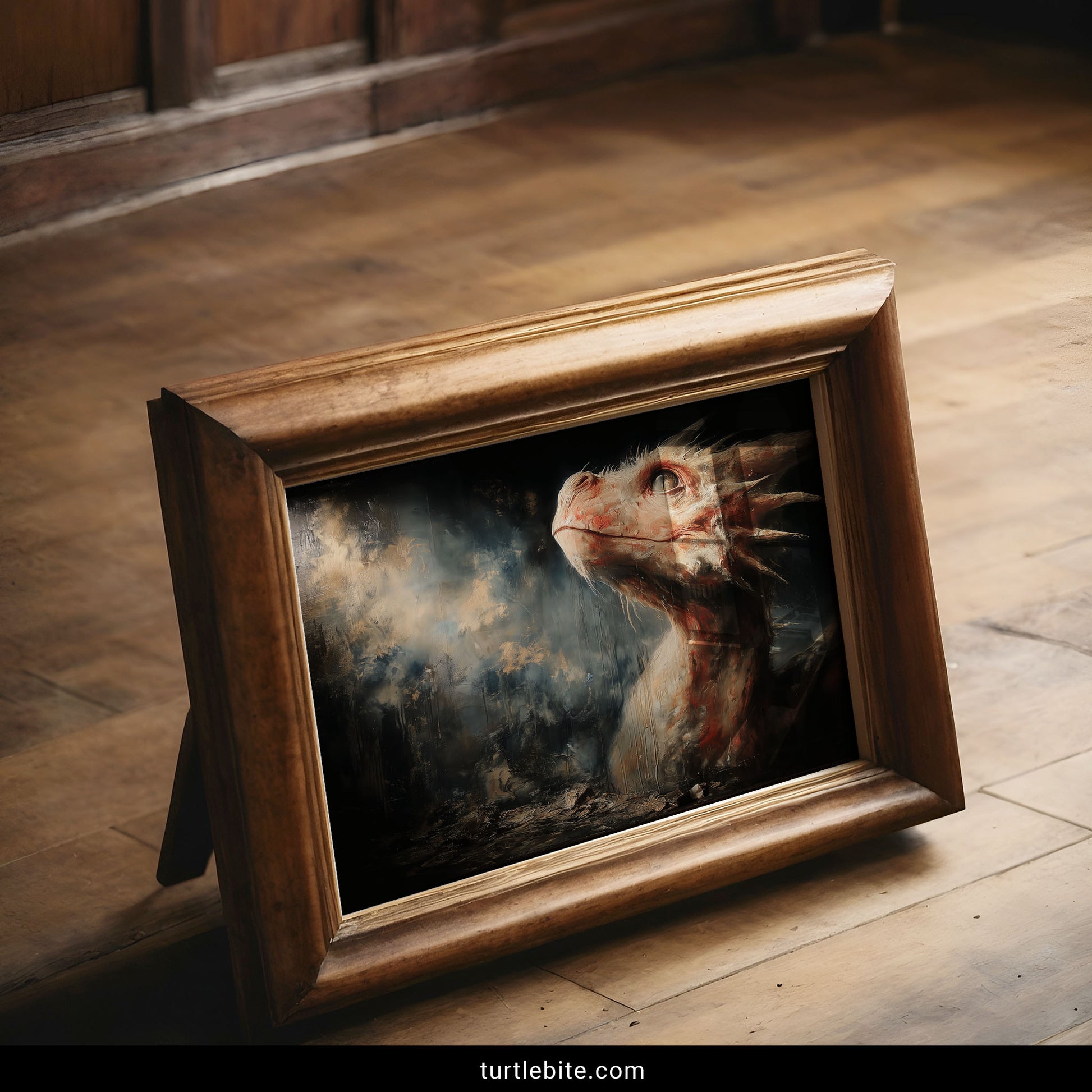 Dark fantasy dragon poster with haunting peachy tones and dystopian wasteland background