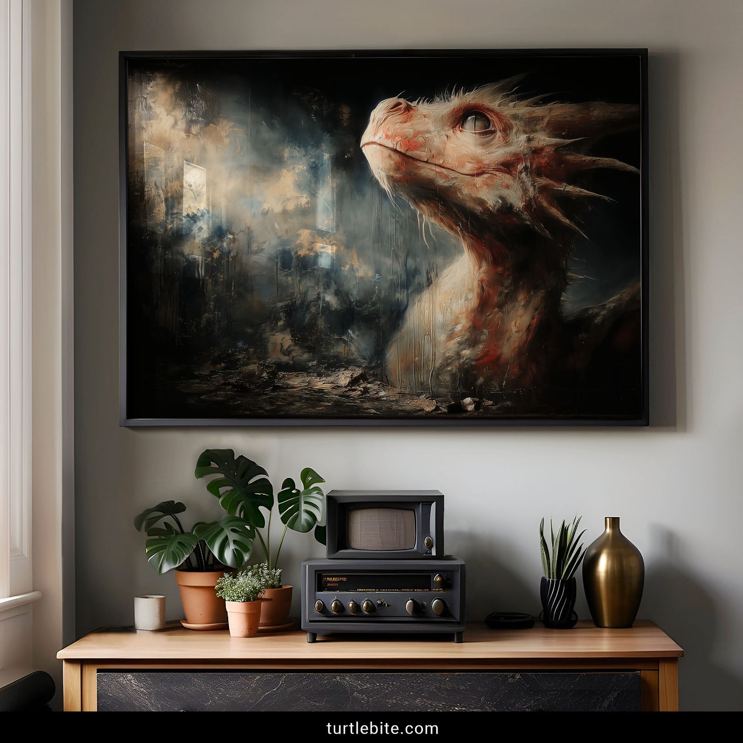 Macabre mythical creature artwork in baroque painting style against desolate shadowy destruction