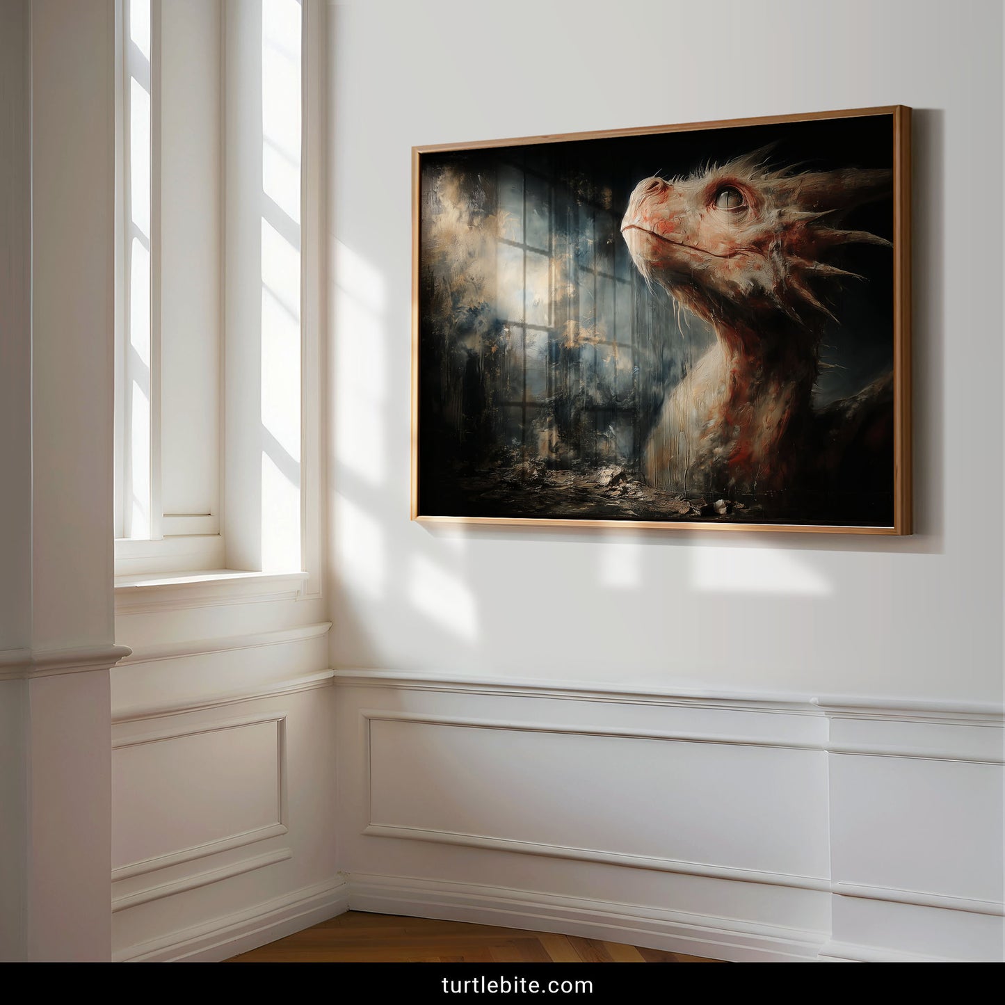 Gothic fantasy art featuring serpent beast in moody atmospheric setting with burning ruins