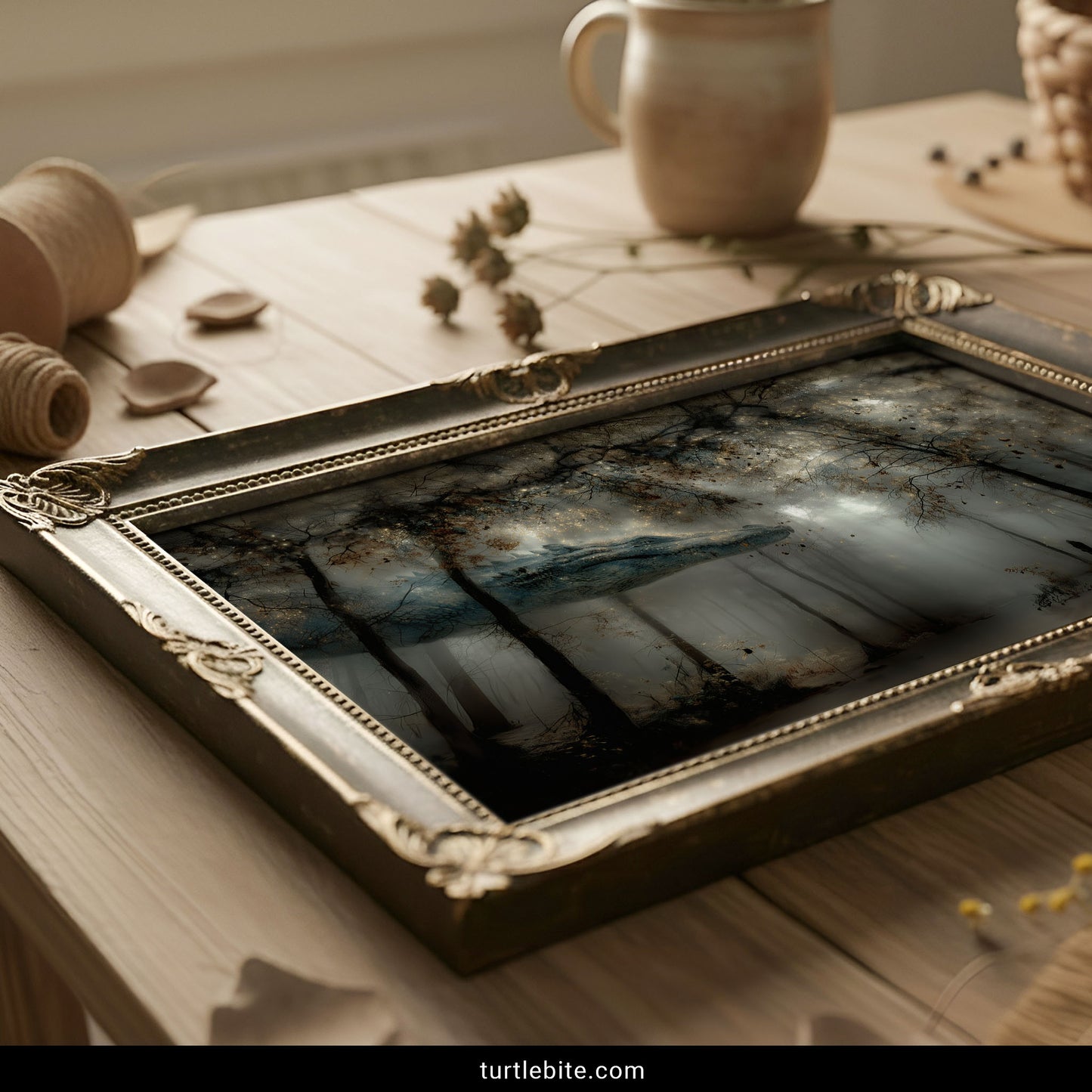 Dark fantasy wall art featuring dragon in foggy woodland with golden starlight and mysterious atmosphere for gothic decor