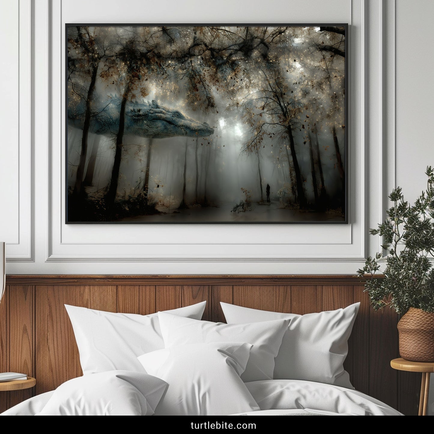 Mystical dragon art print depicting surreal woodland encounter with atmospheric fog and celestial lighting for dark decor