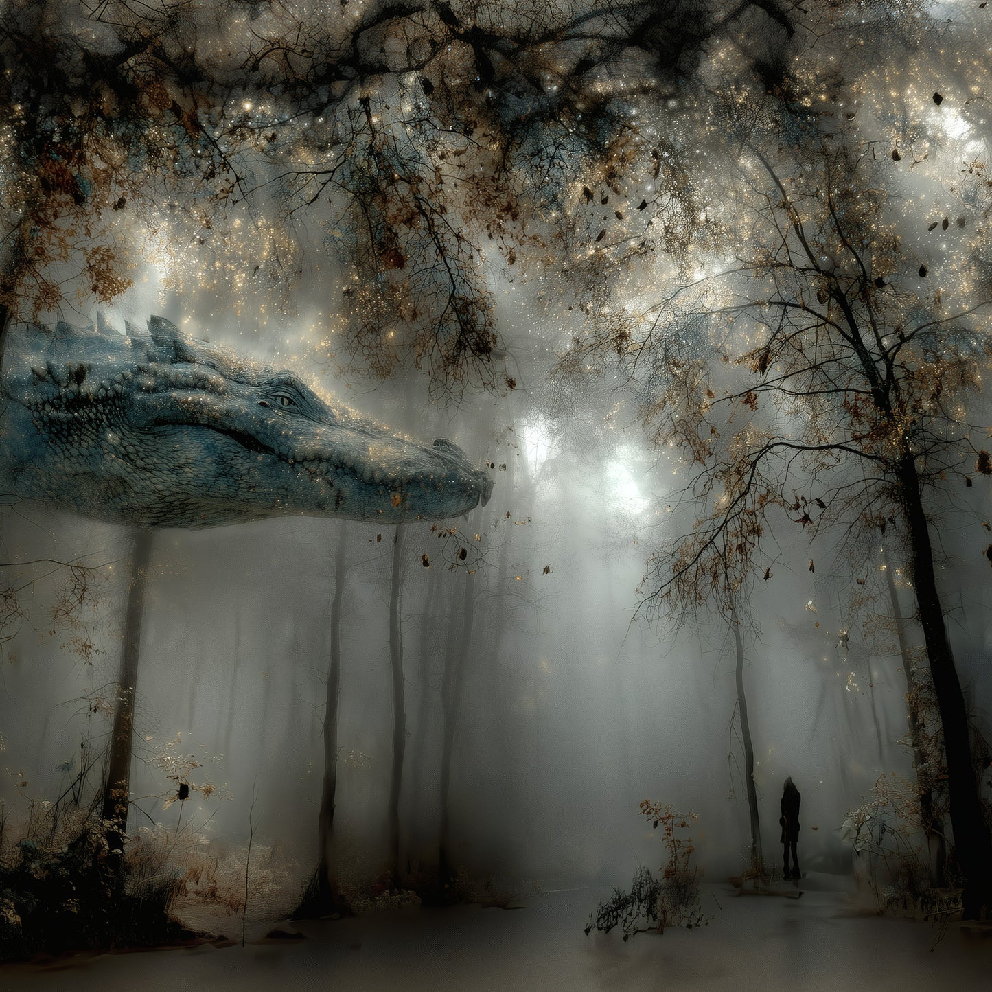 Surreal dragon poster showing mystical serpent emerging through misty gothic forest with lone figure witnessing fantasy scene