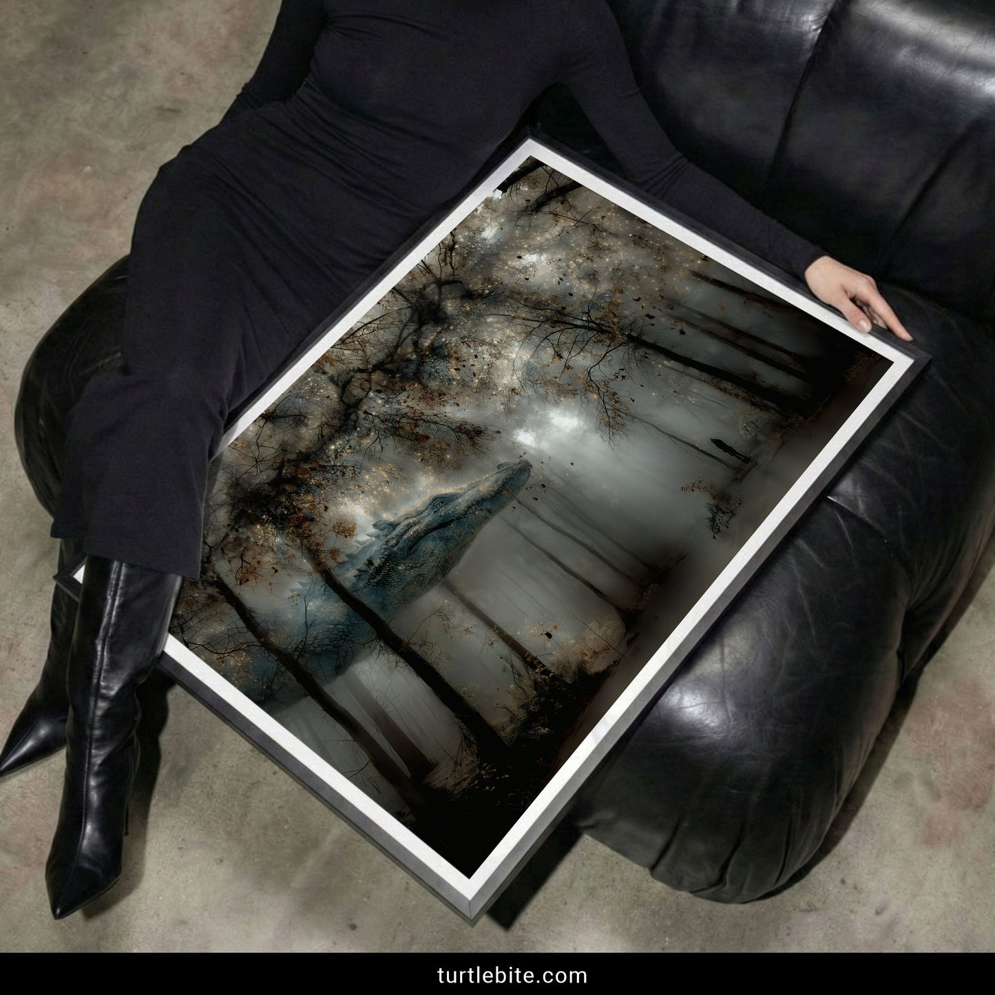 Whimsigoth dreamscape print of ancient dragon moving through autumn forest with supernatural mist and ethereal lighting