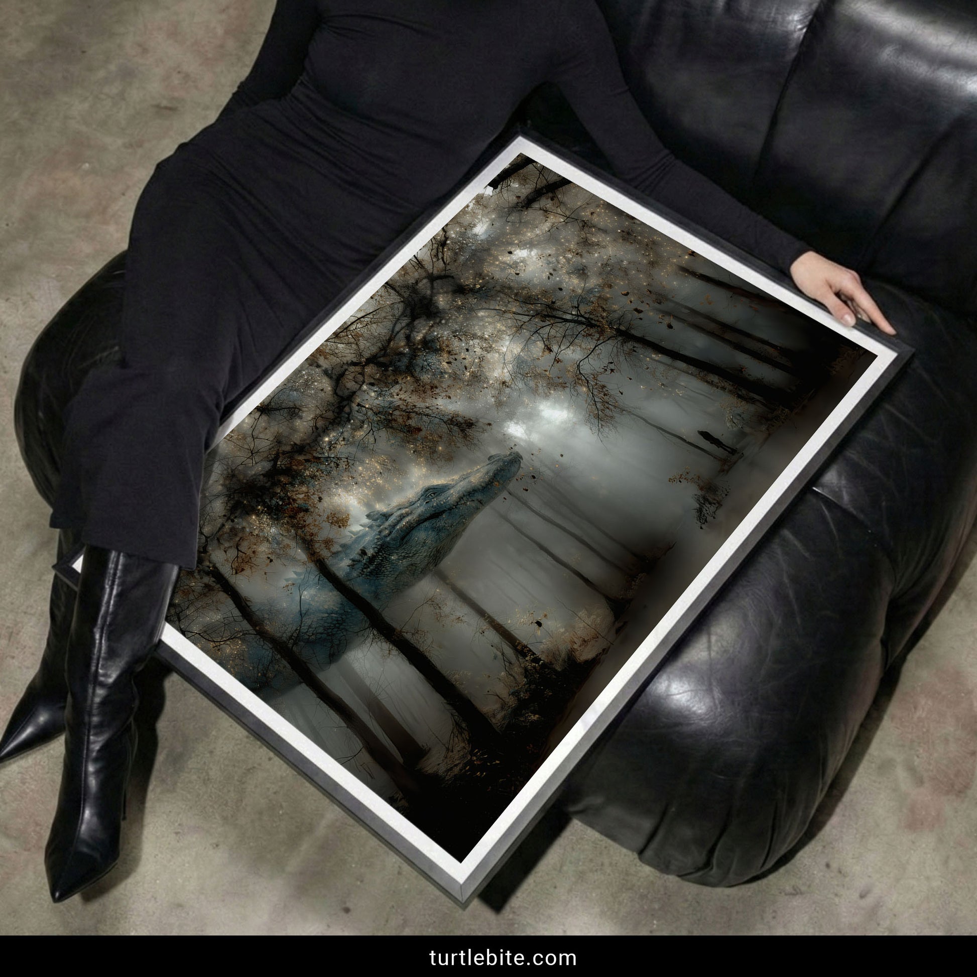 Whimsigoth dreamscape print of ancient dragon moving through autumn forest with supernatural mist and ethereal lighting