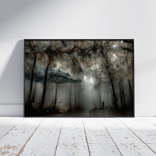 Surreal dragon poster showing mystical serpent emerging through misty gothic forest with lone figure witnessing fantasy scene