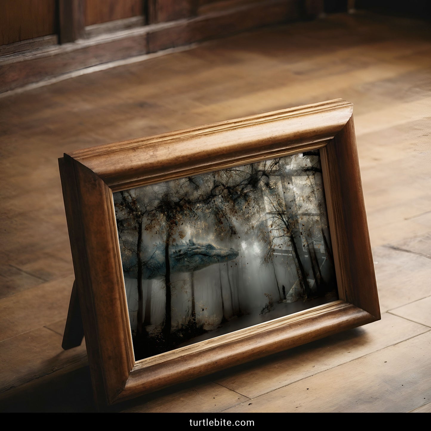 Mystical dragon art print depicting surreal woodland encounter with atmospheric fog and celestial lighting for dark decor