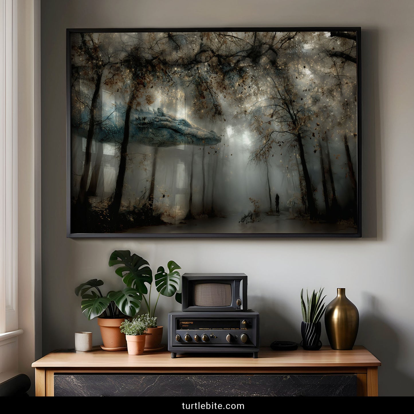Dark fantasy wall art featuring dragon in foggy woodland with golden starlight and mysterious atmosphere for gothic decor