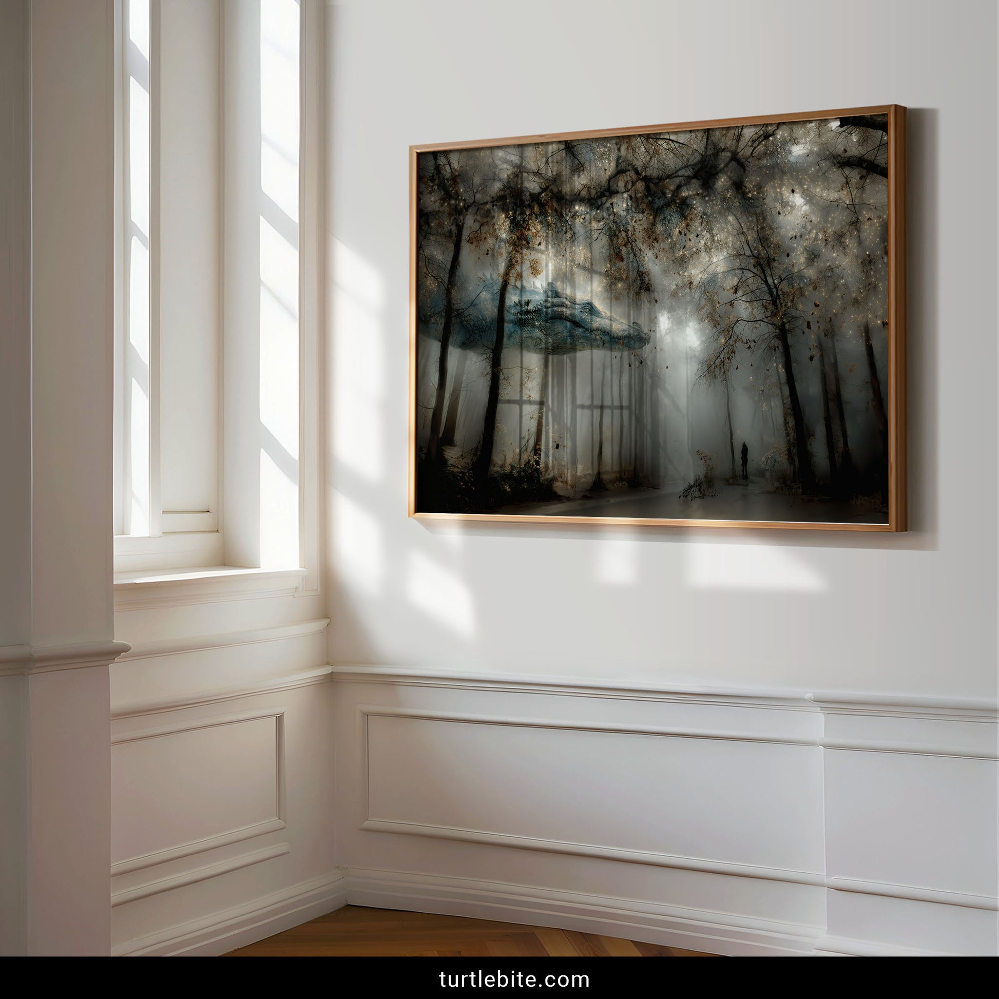 Gothic fantasy forest poster with massive dragon and human silhouette creating moody mysterious nightmare dreamscape wall art