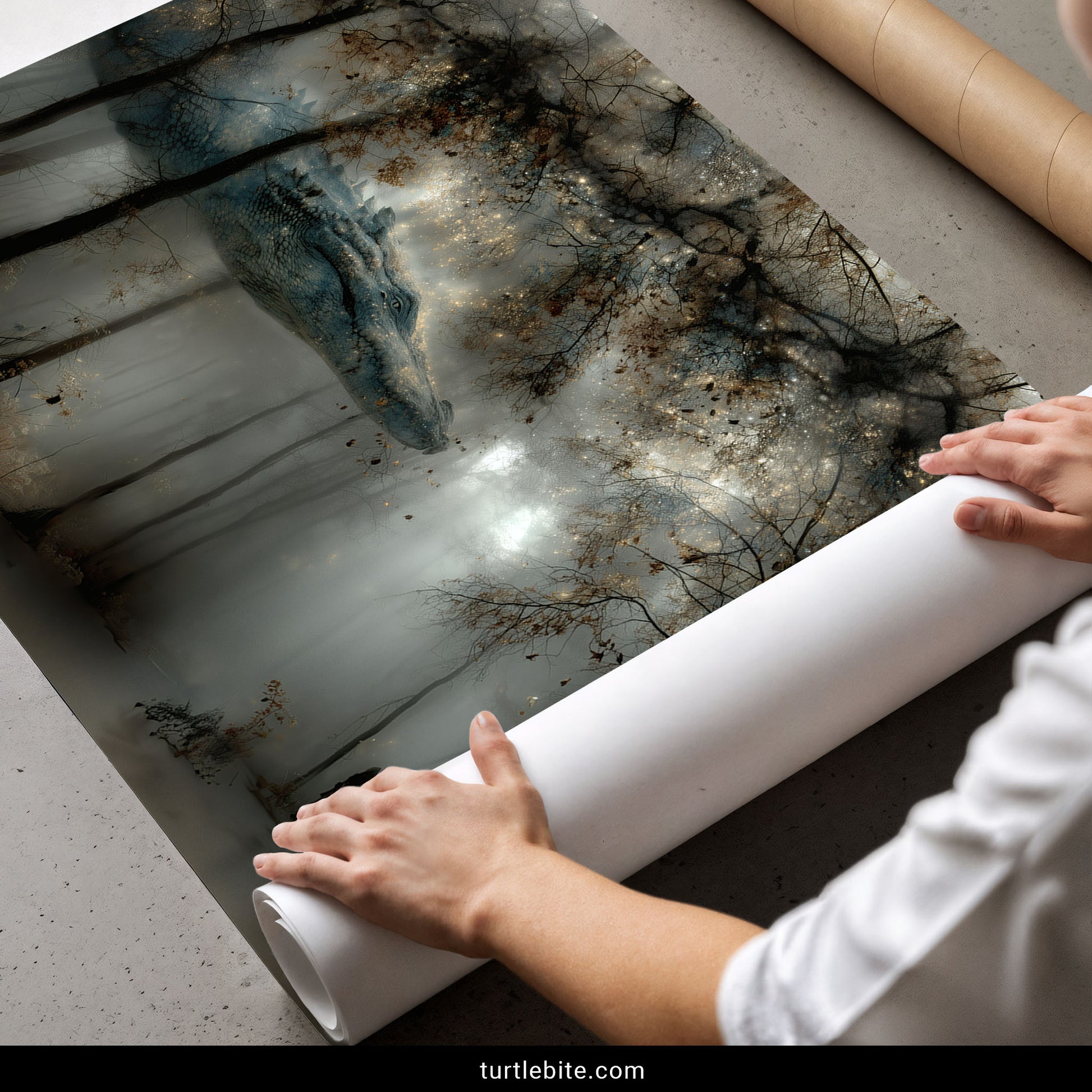 Gothic fantasy forest poster with massive dragon and human silhouette creating moody mysterious nightmare dreamscape wall art