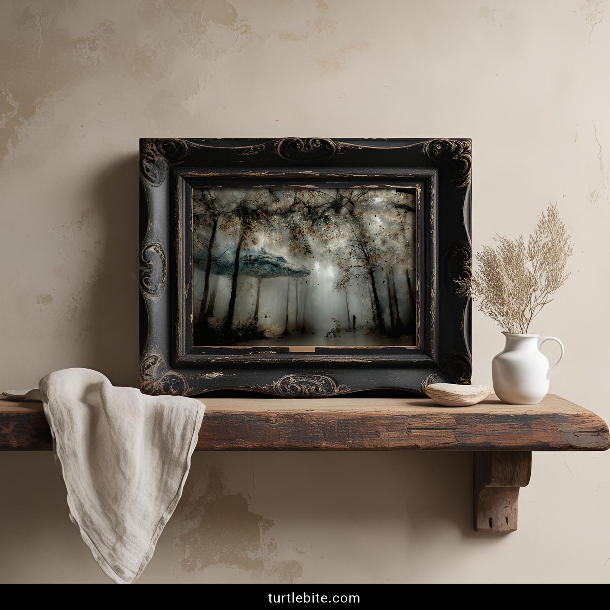 Whimsigoth dreamscape print of ancient dragon moving through autumn forest with supernatural mist and ethereal lighting
