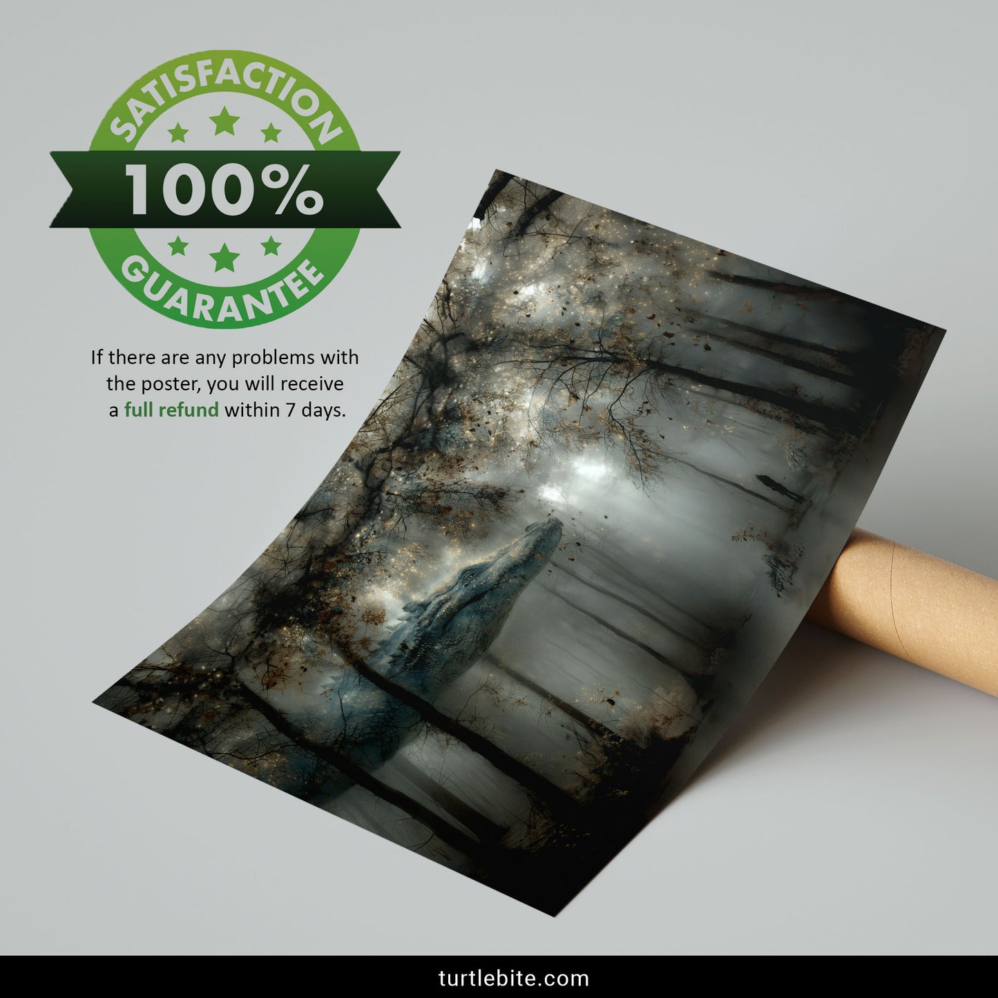 Whimsigoth dreamscape print of ancient dragon moving through autumn forest with supernatural mist and ethereal lighting