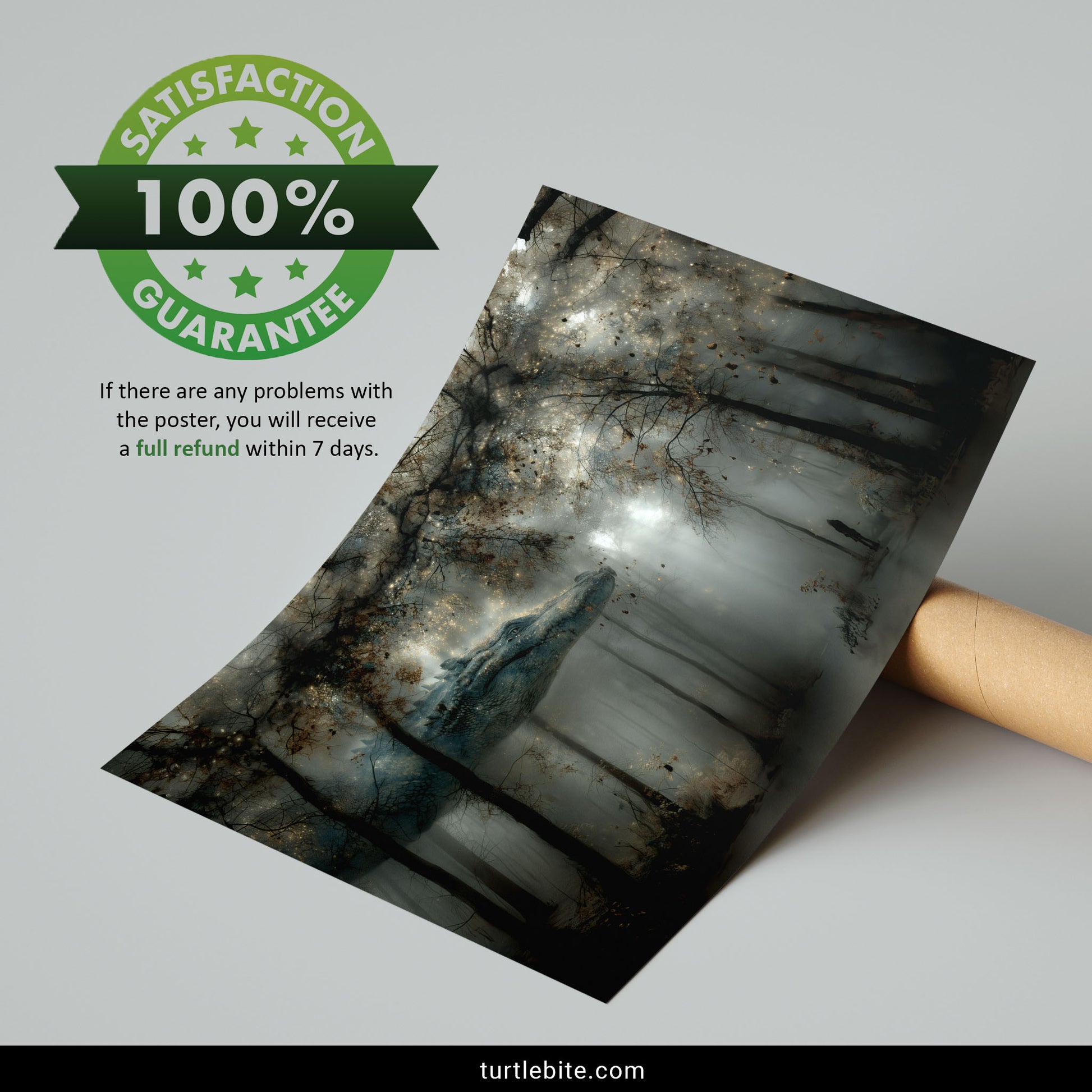 Whimsigoth dreamscape print of ancient dragon moving through autumn forest with supernatural mist and ethereal lighting