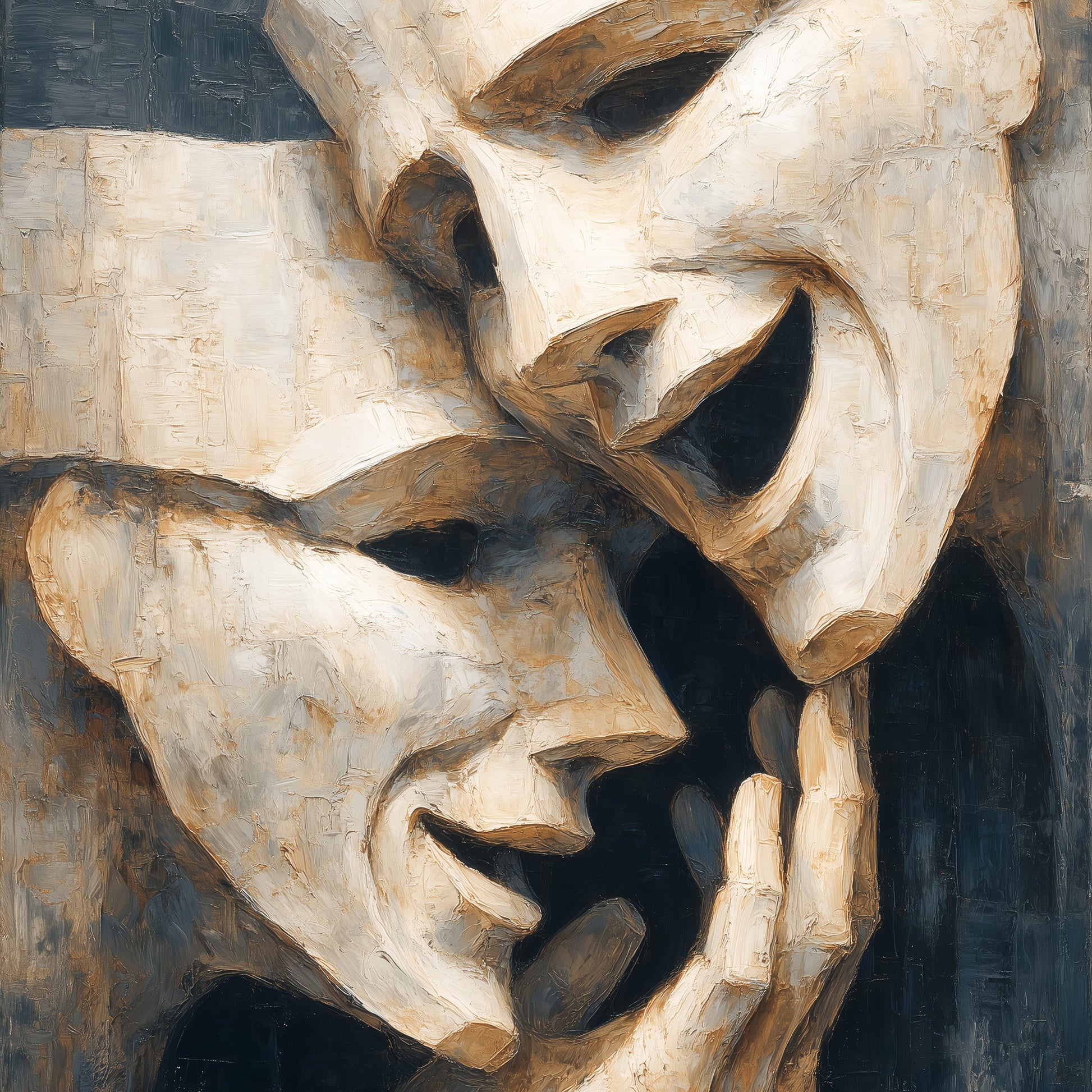 Drama masks wall art print - oil painting style comedy and tragedy masks on dark background