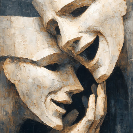 Drama masks wall art print - oil painting style comedy and tragedy masks on dark background