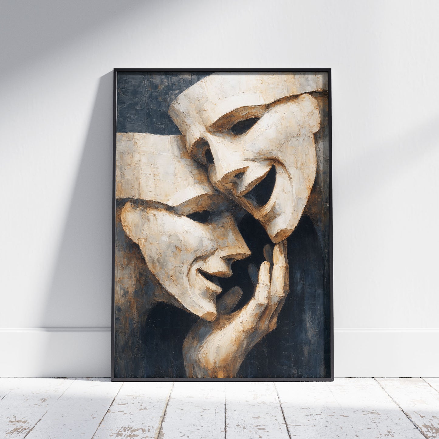 Drama masks wall art print - oil painting style comedy and tragedy masks on dark background