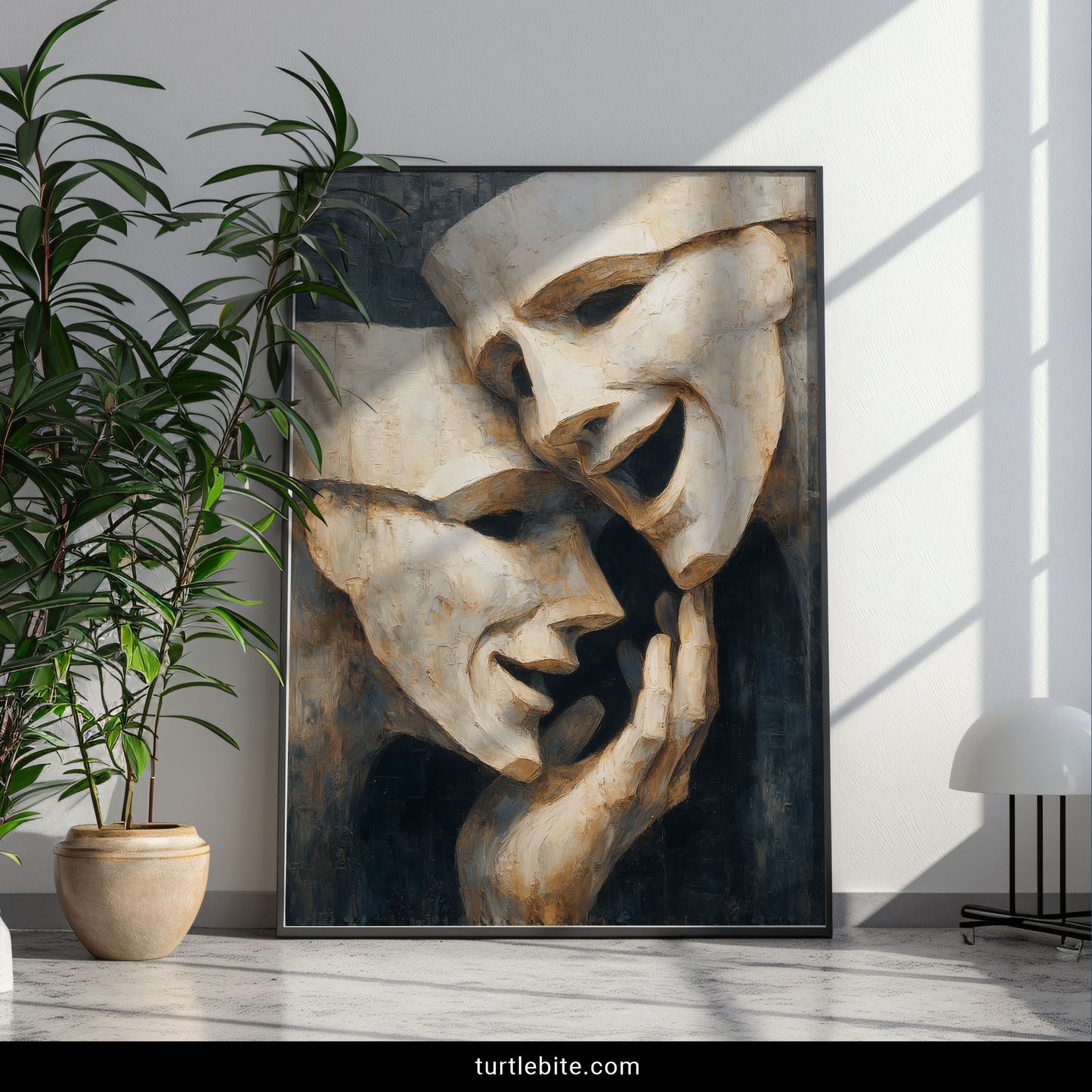 Gothic theater poster featuring comedy tragedy masks in expressive dark oil painting style