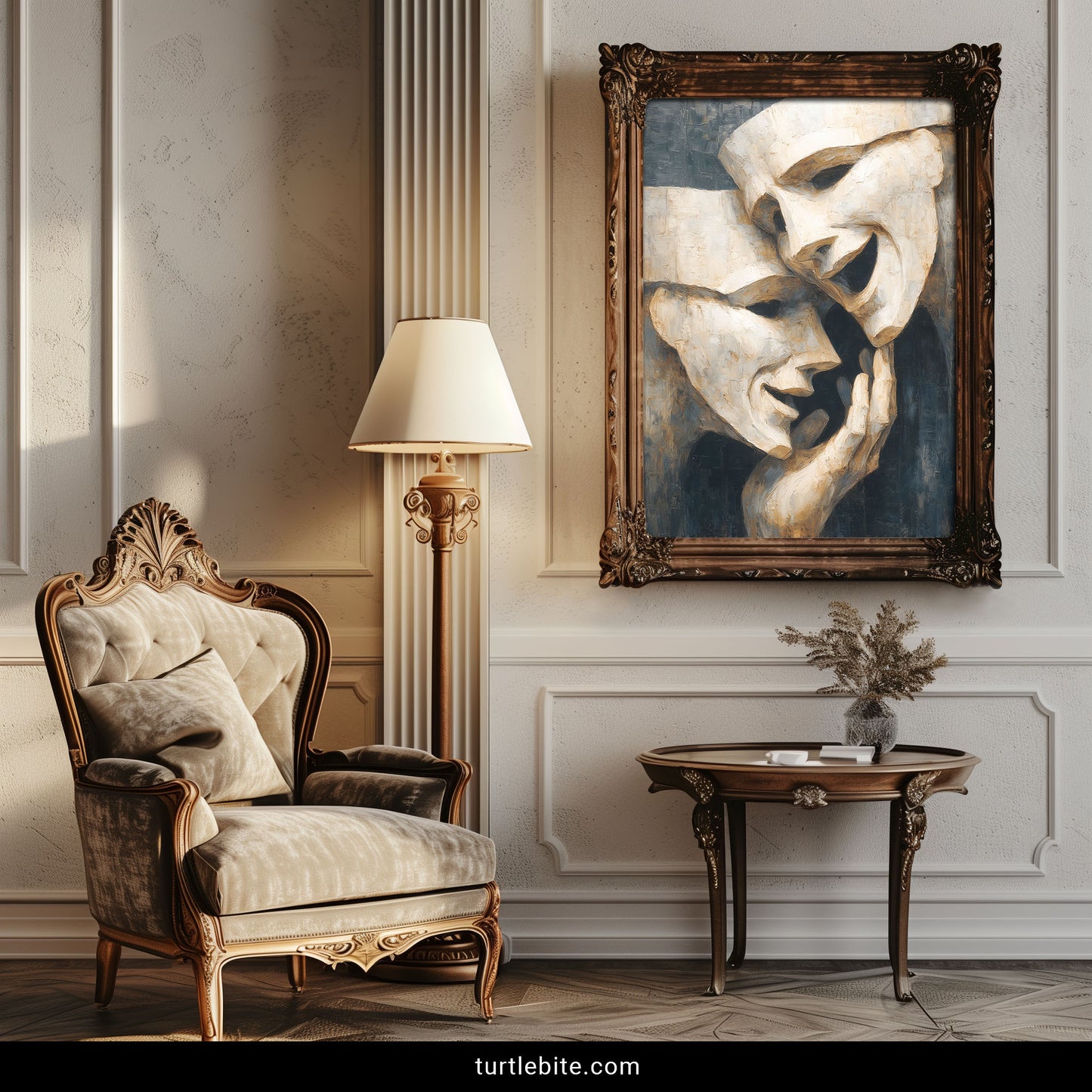 Drama masks wall art close-up showing thick brushwork and moody charcoal tones