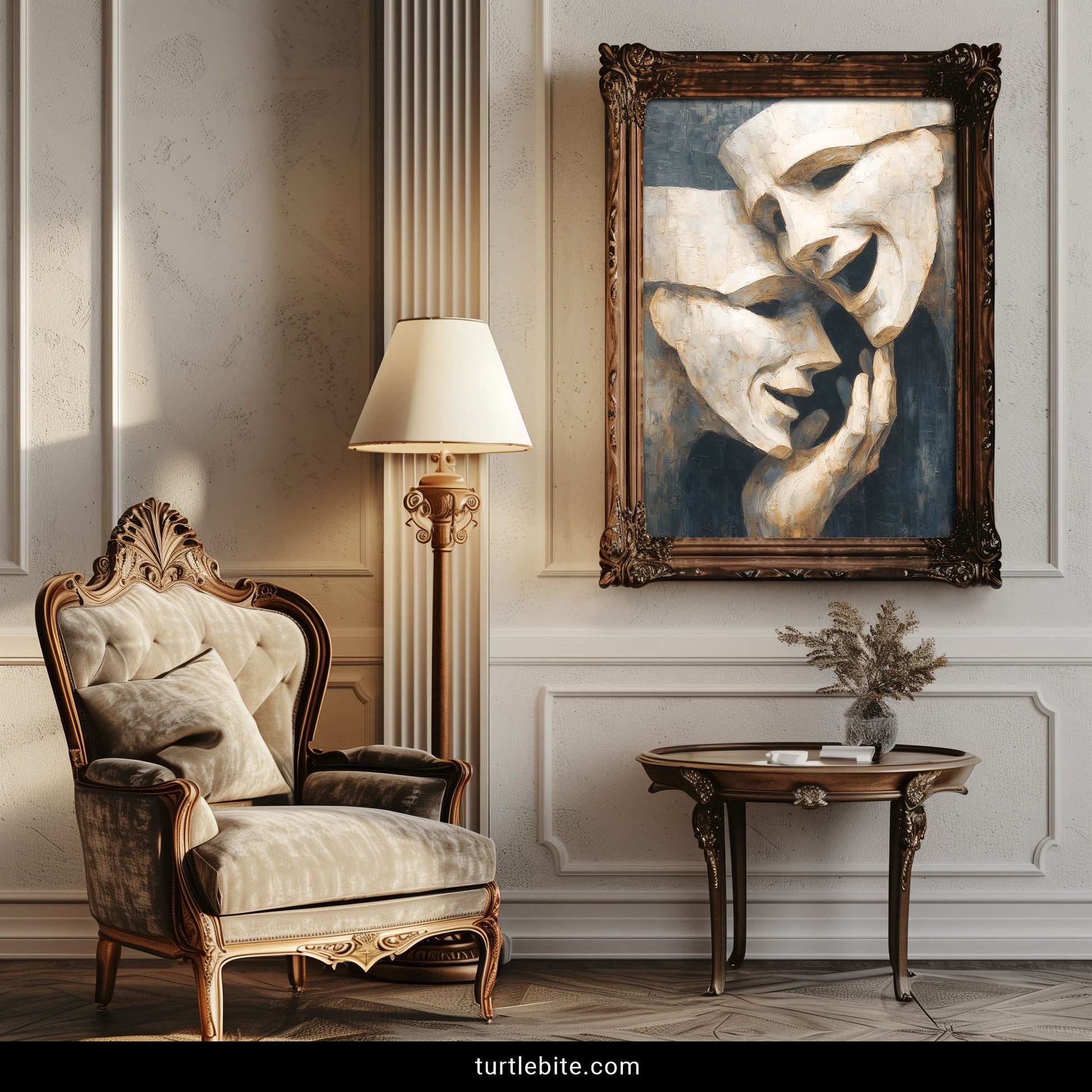 Drama masks wall art close-up showing thick brushwork and moody charcoal tones