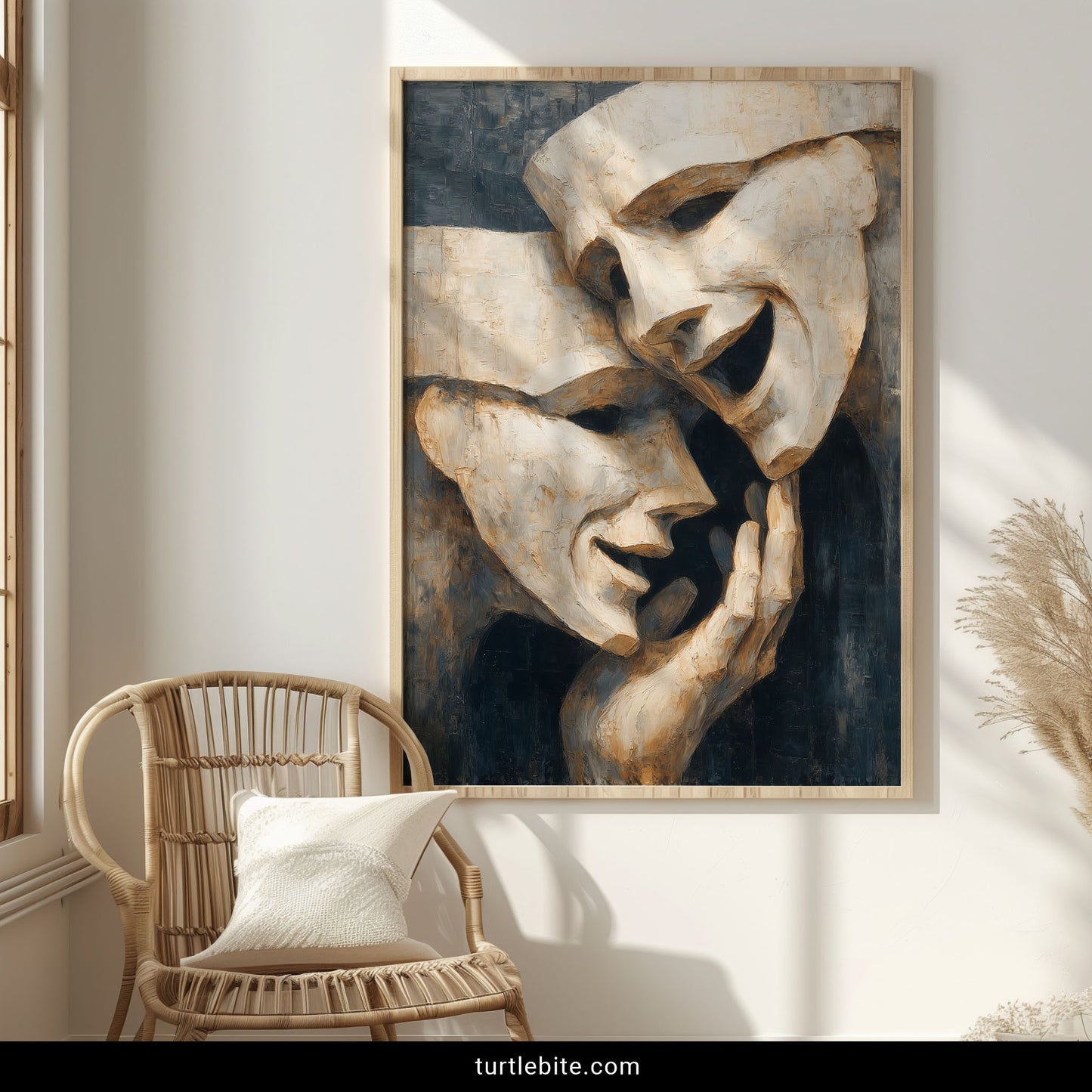 Dark surrealist wall art with hollow theater masks - cream and navy oil painting poster