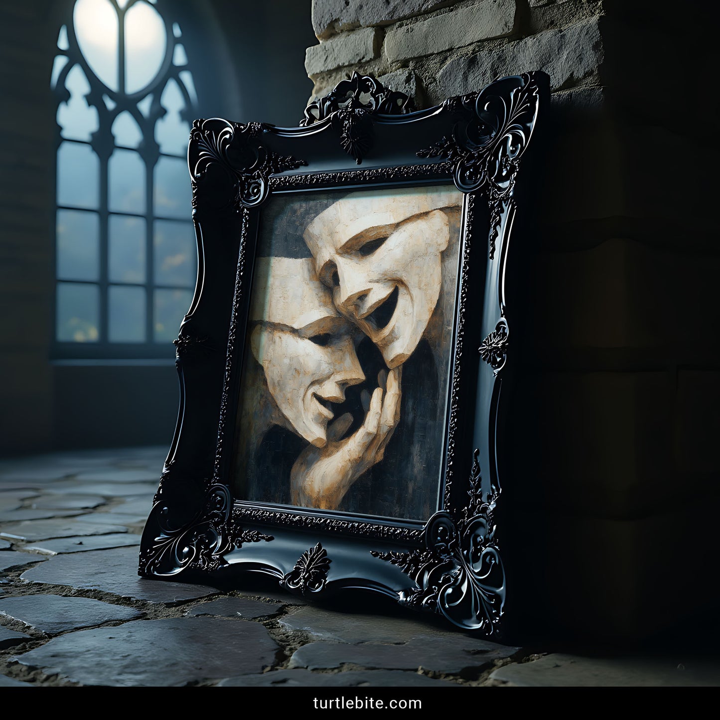 Dark surrealist wall art with hollow theater masks - cream and navy oil painting poster