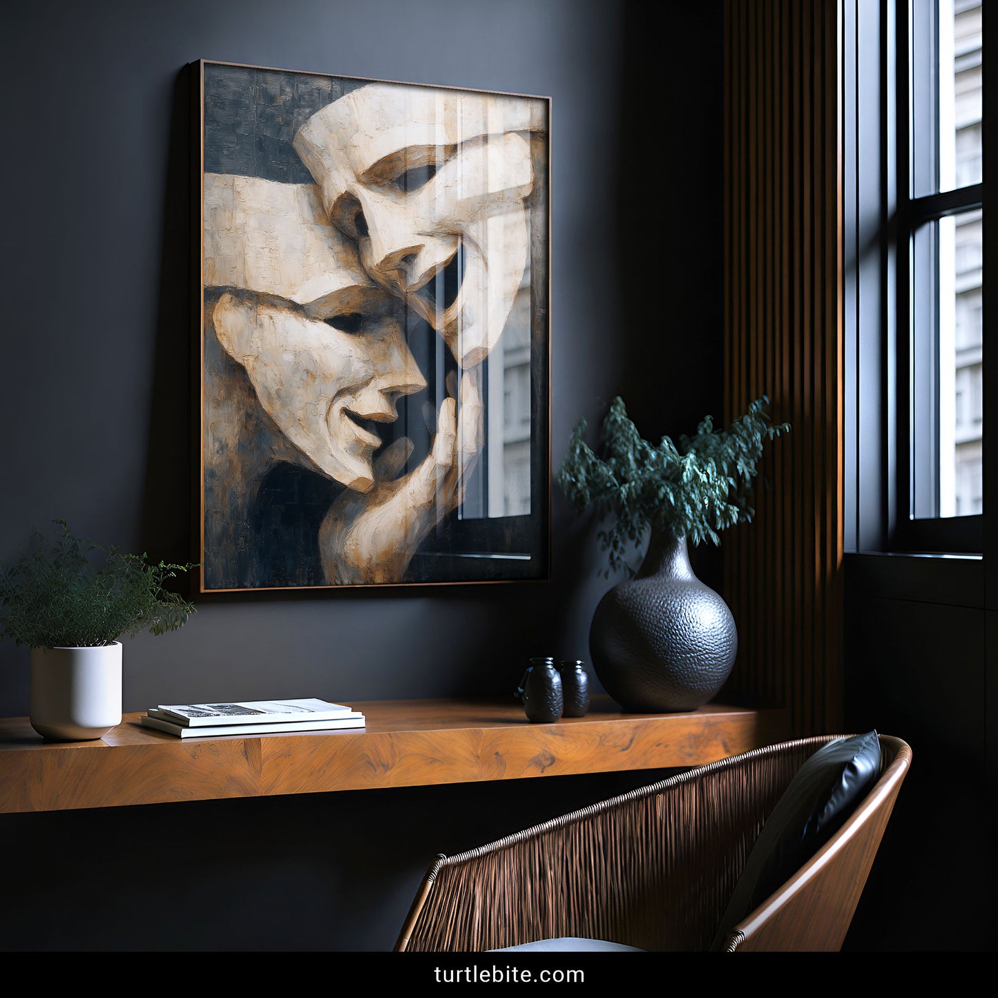 Theatrical masks painting print in black frame - gothic home decor wall art