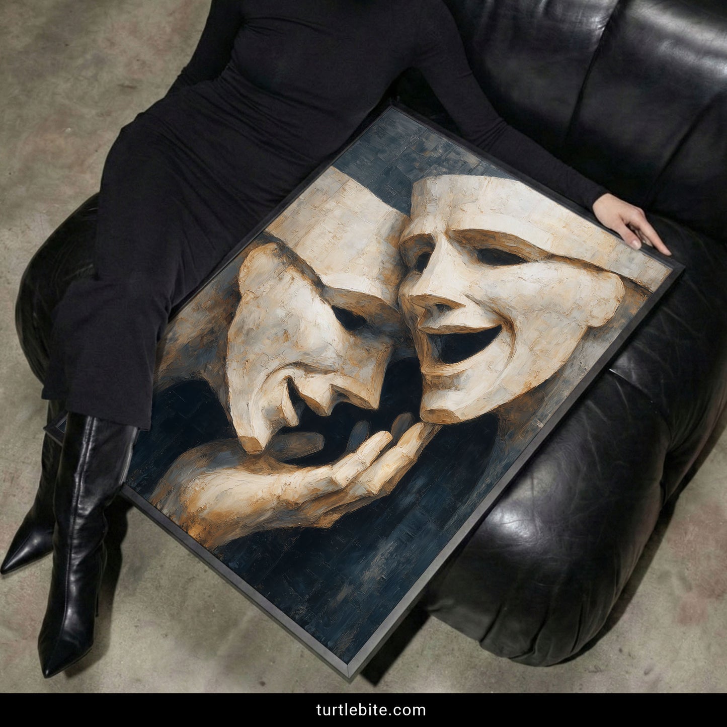 Drama masks wall art close-up showing thick brushwork and moody charcoal tones