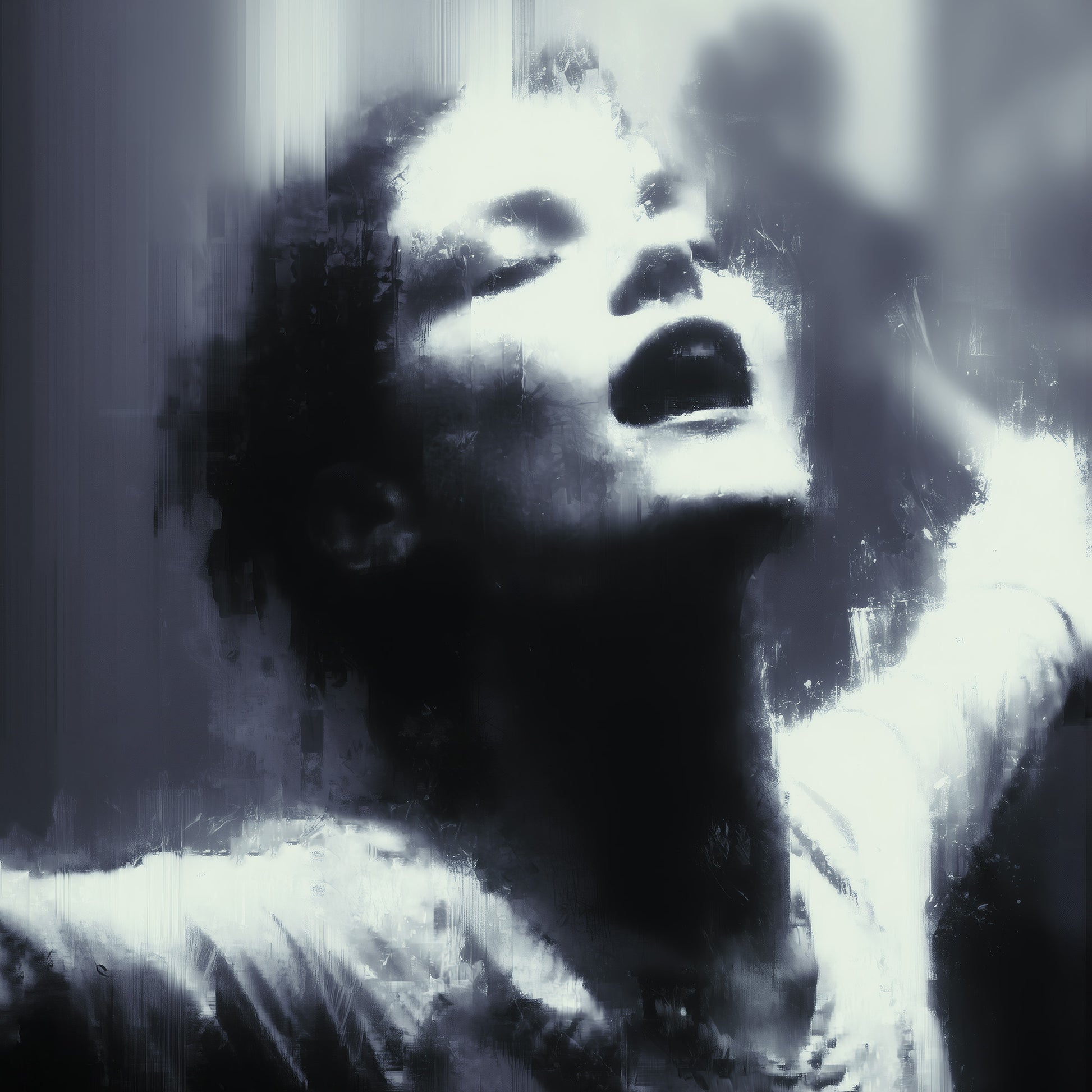 Surreal art print featuring haunting woman dancing in rain with distorted movie star aesthetic and dark gothic horror atmosphere